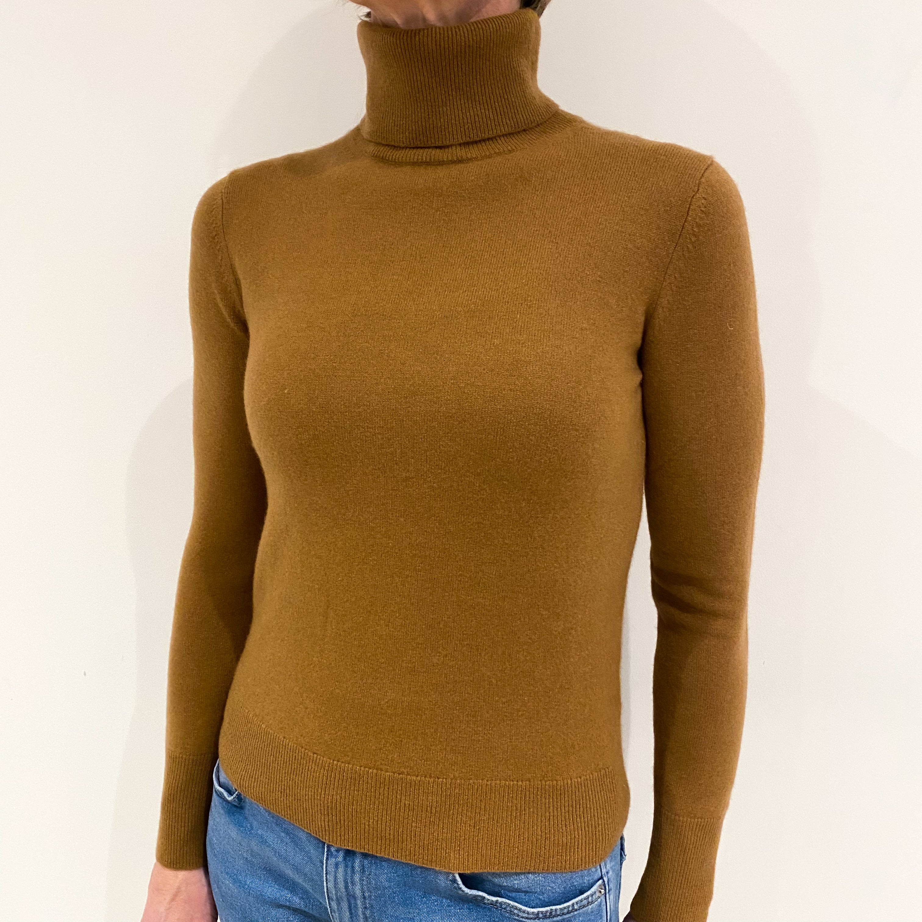 Toffee Brown Cashmere Polo Neck Jumper Small