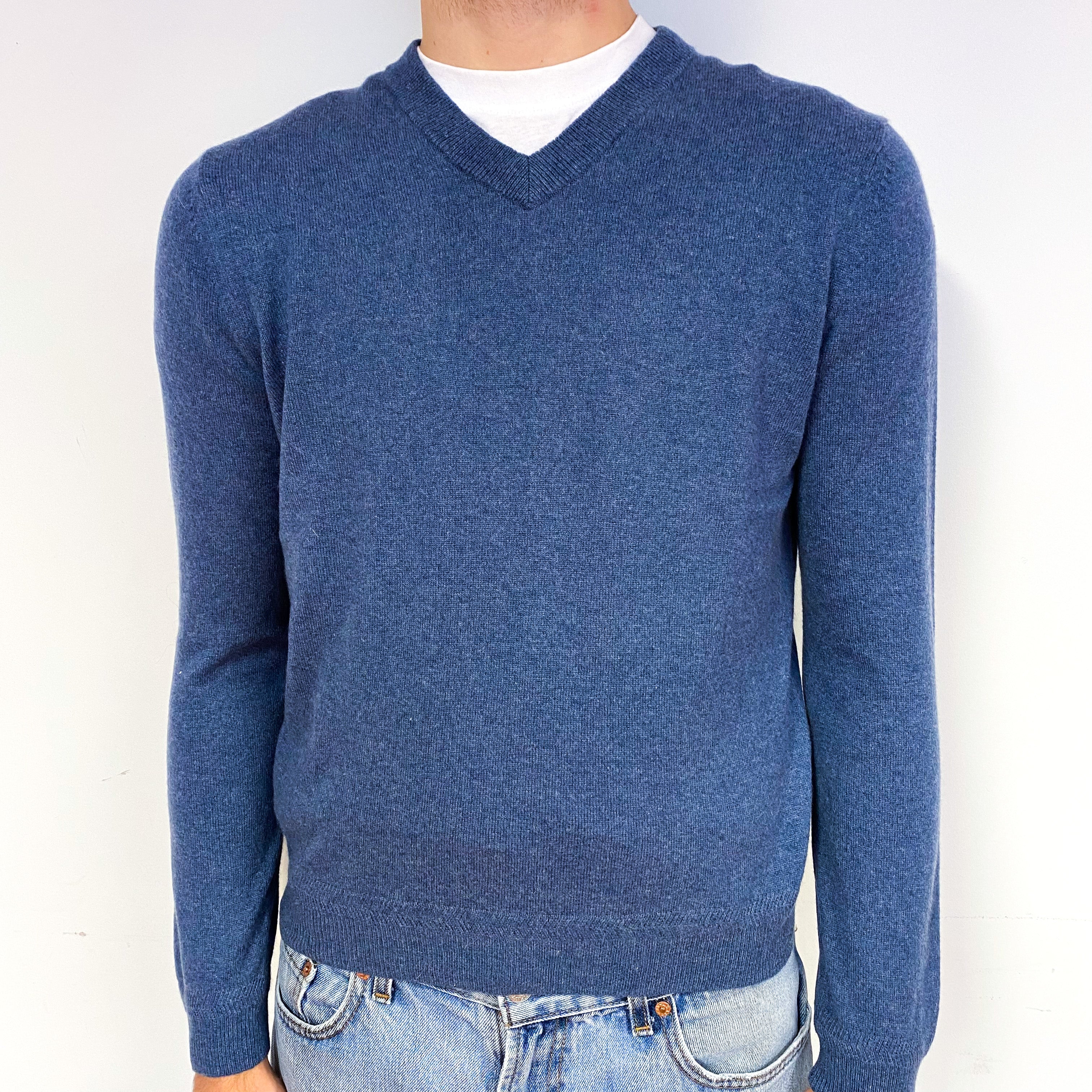 Men's Denim Blue Cashmere V-Neck Jumper Medium