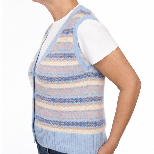 Brand New Baby Blue and Shell Pink Fair Isle Luxury Cashmere V Neck Waistcoat Medium UK 12-14