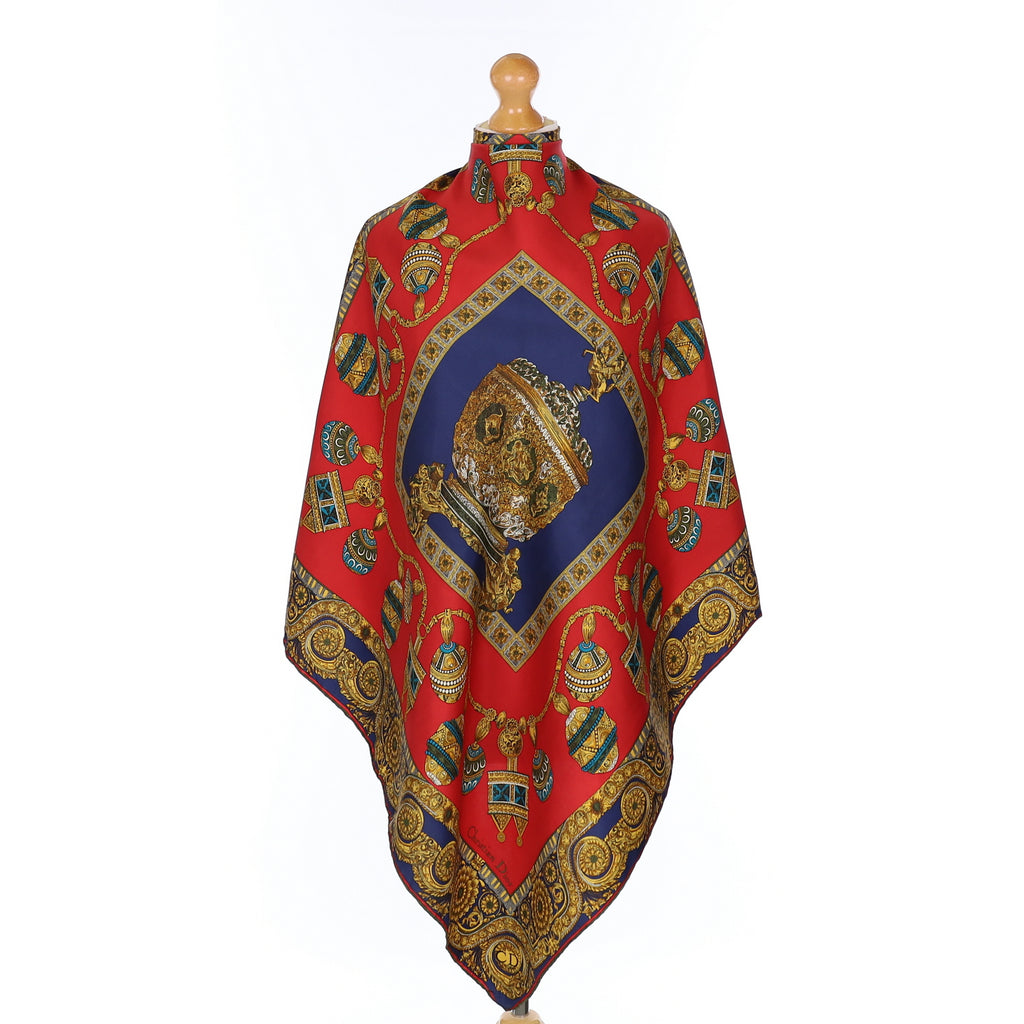 Christian Dior Red and Blue Patterned Silk Scarf