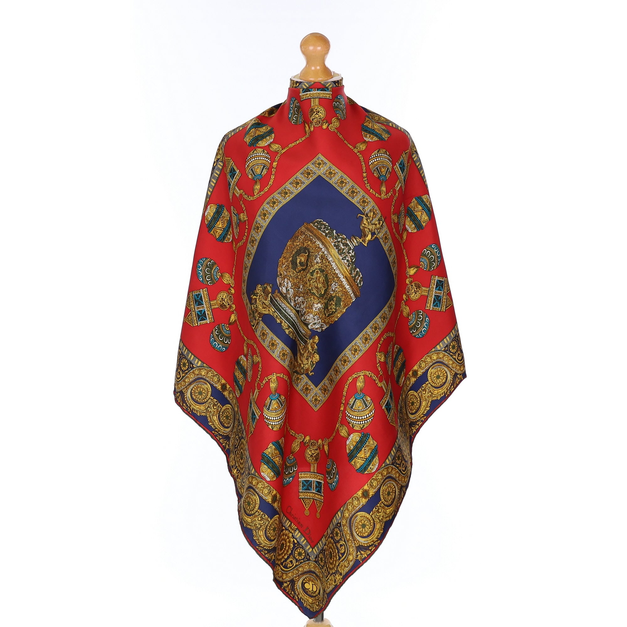 Christian Dior Red and Blue Patterned Silk Scarf