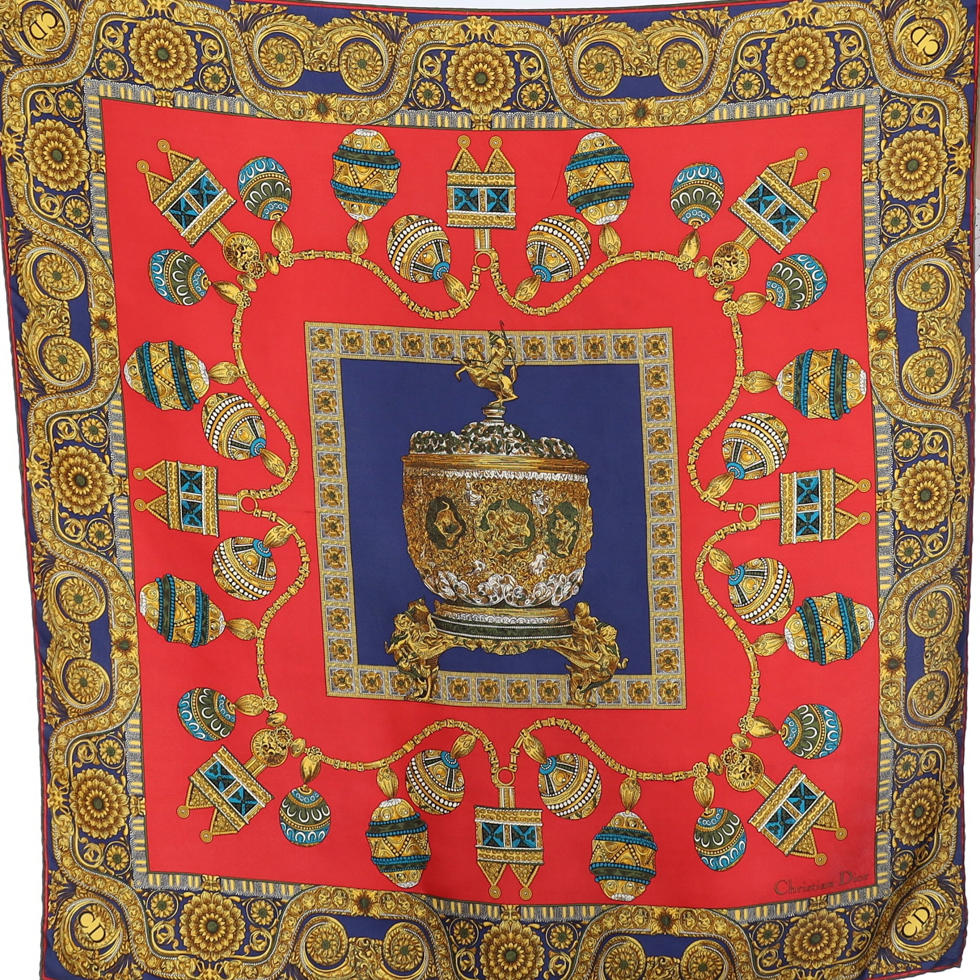 Christian Dior Red and Blue Patterned Silk Scarf