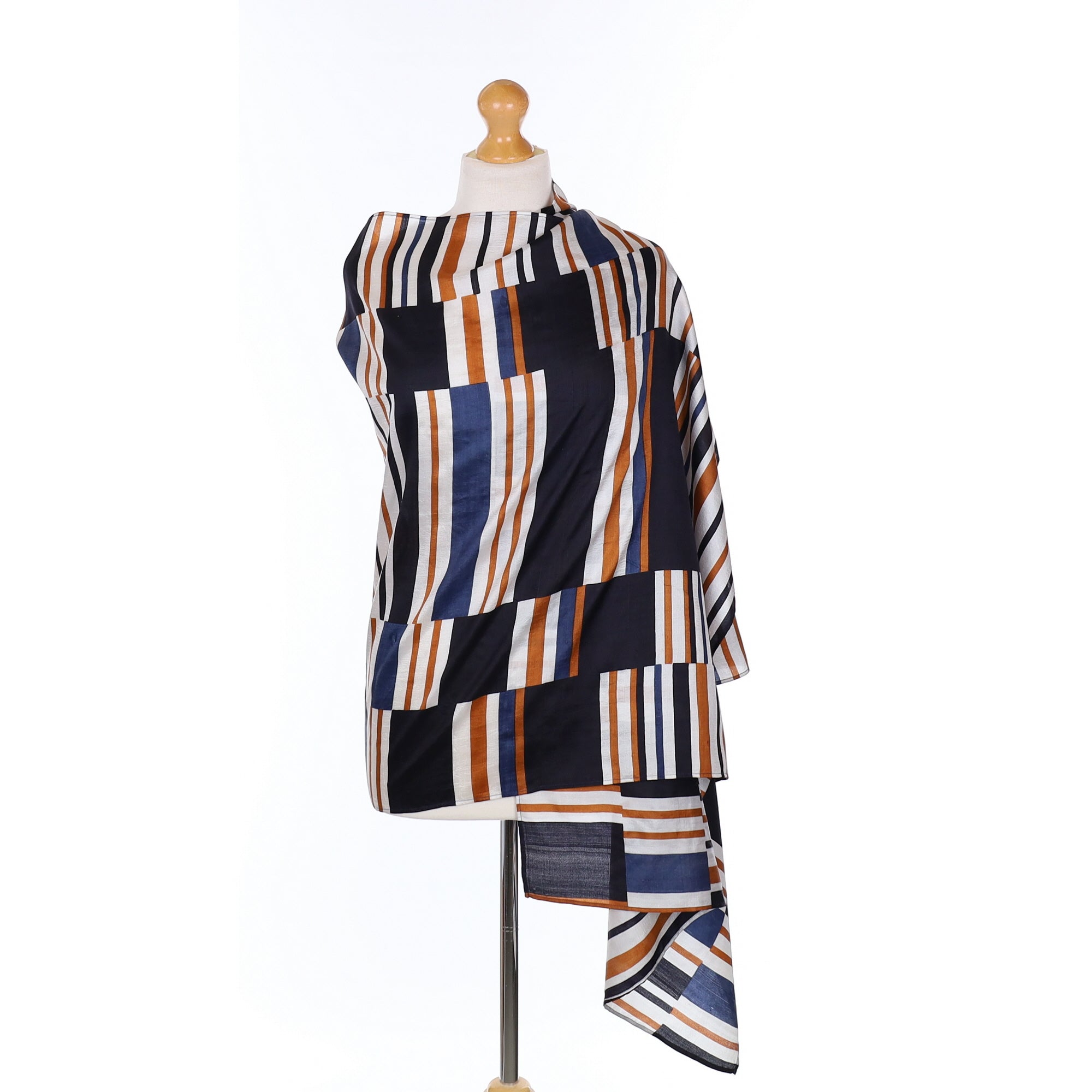 Hobbs Black, Blue & Brown Striped Silk Scarf