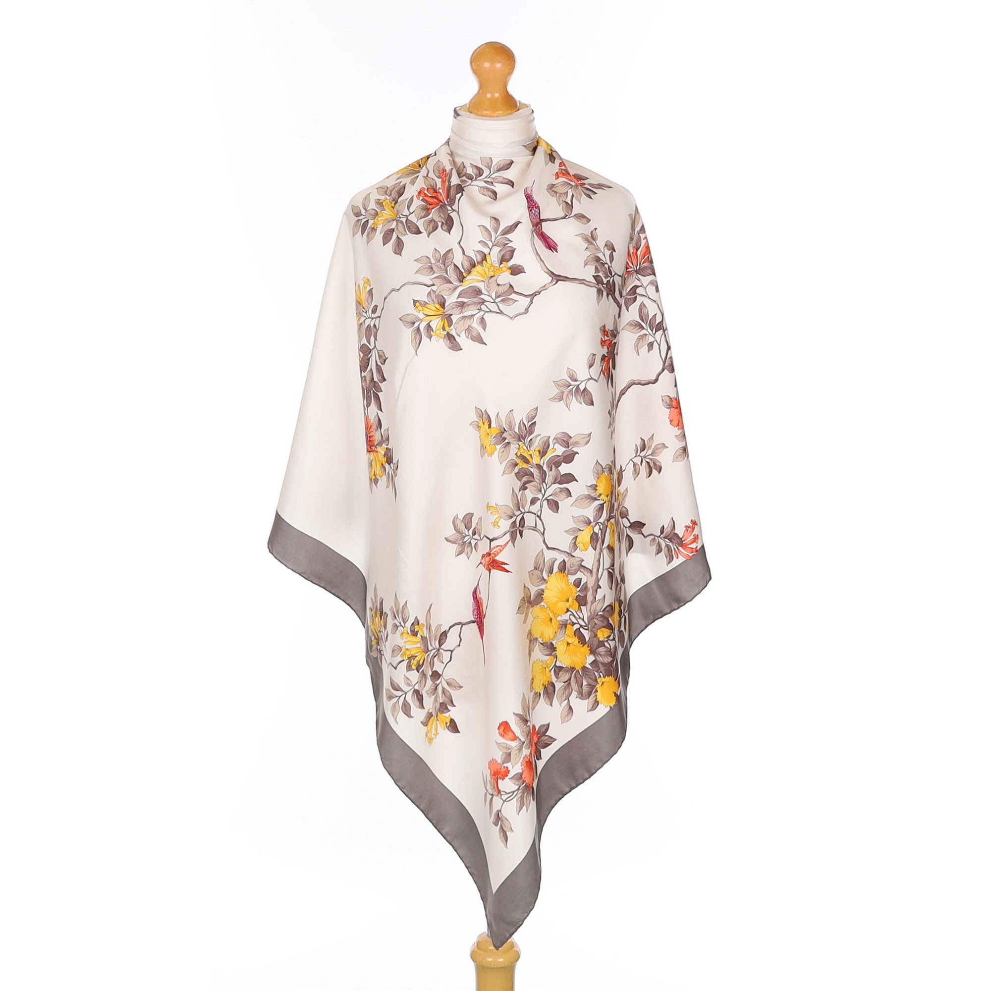 Grey and White Floral Silk Scarf