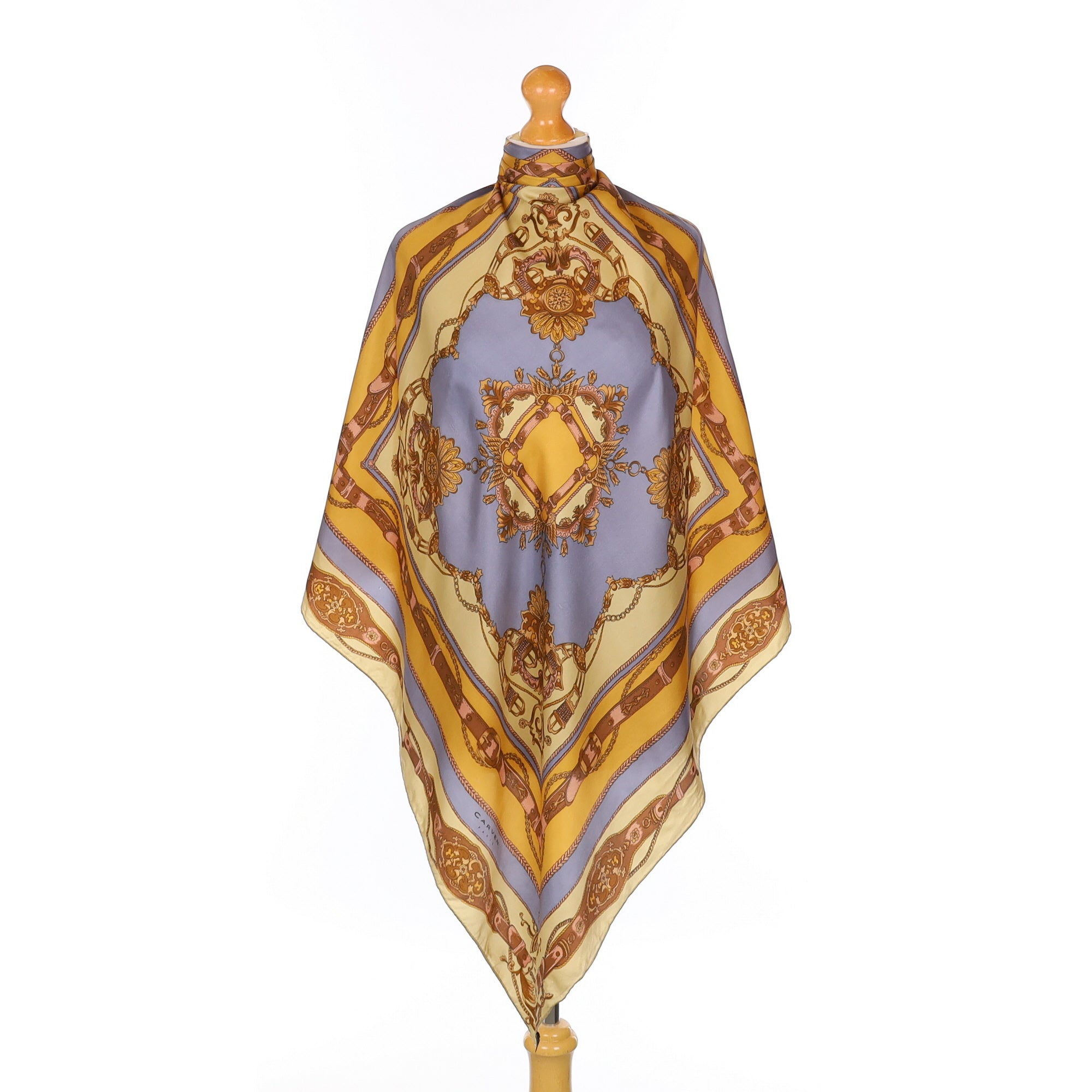 Carven Vintage Blue and Yellow Patterned Silk Scarf