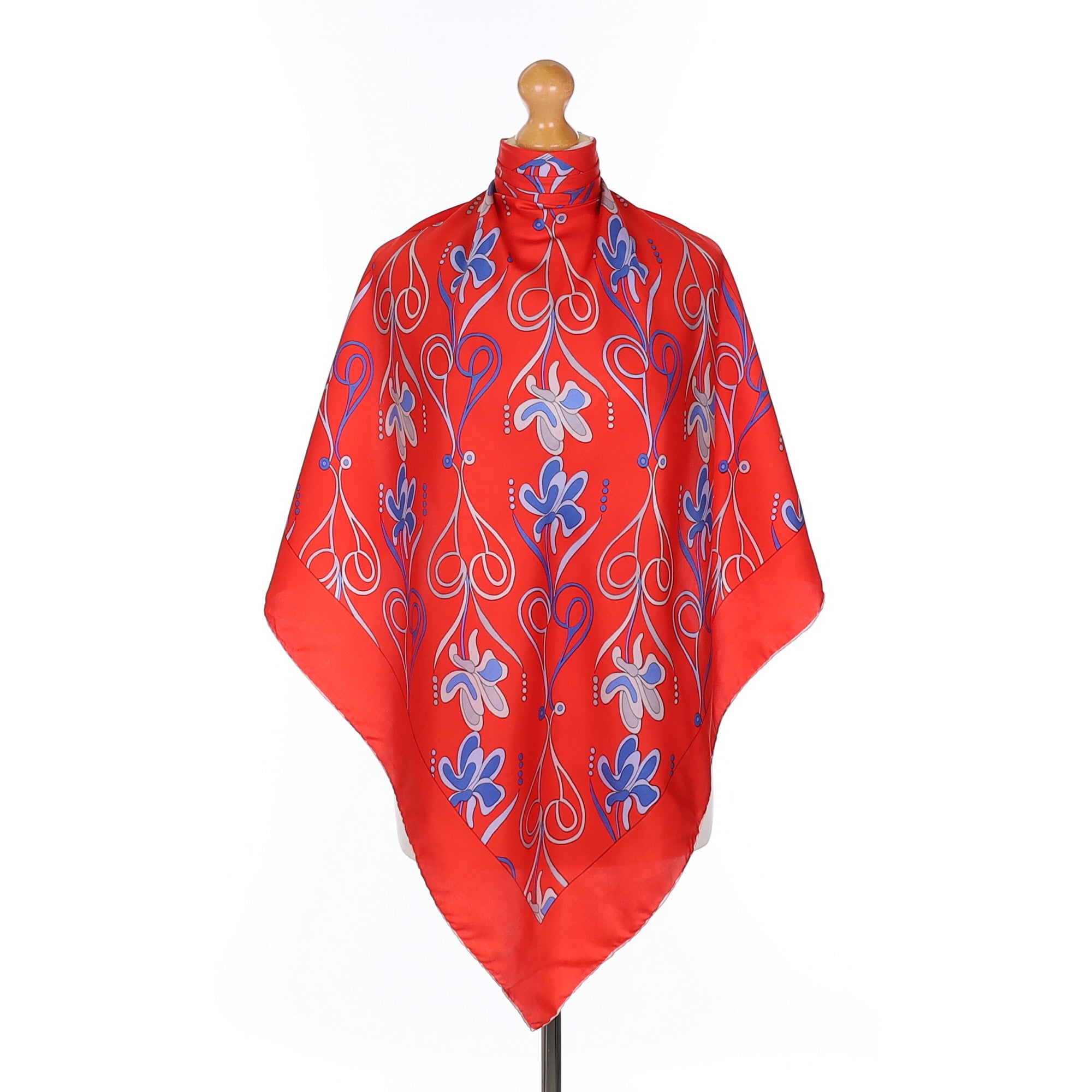 Vintage Red and Blue Floral Silk Scarf