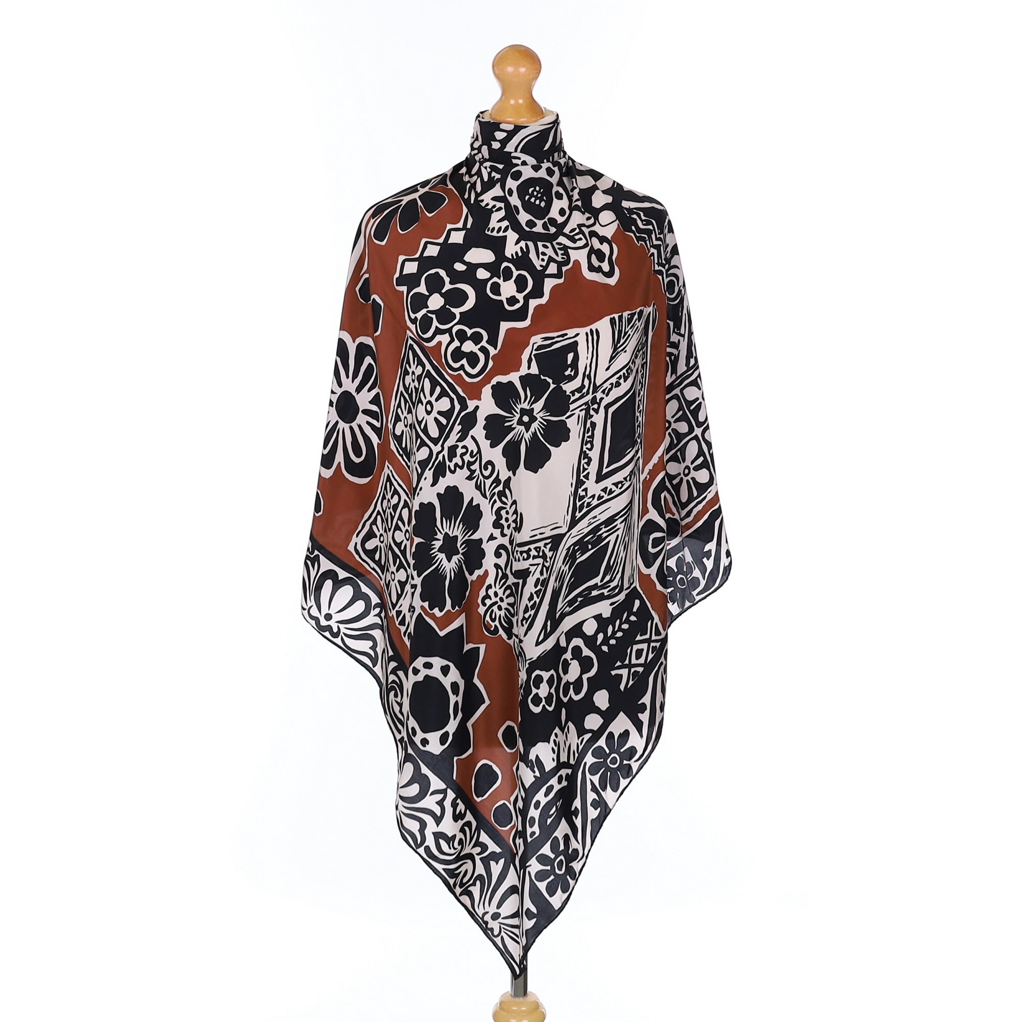 Black Brown and White Floral Silk Scarf