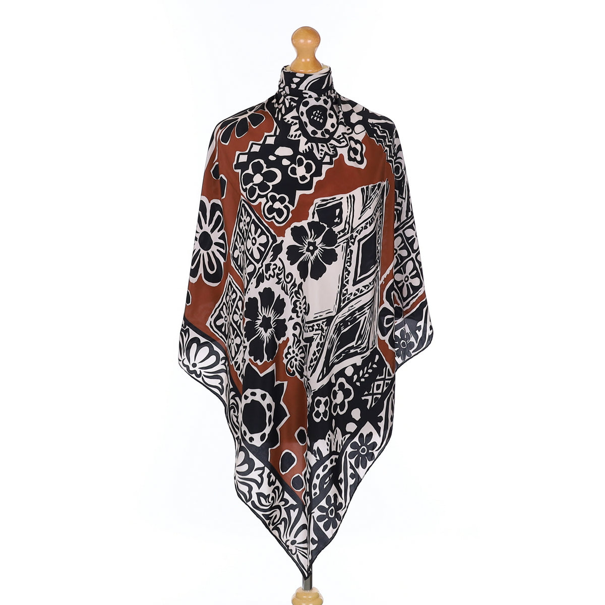 Black Brown and White Floral Silk Scarf