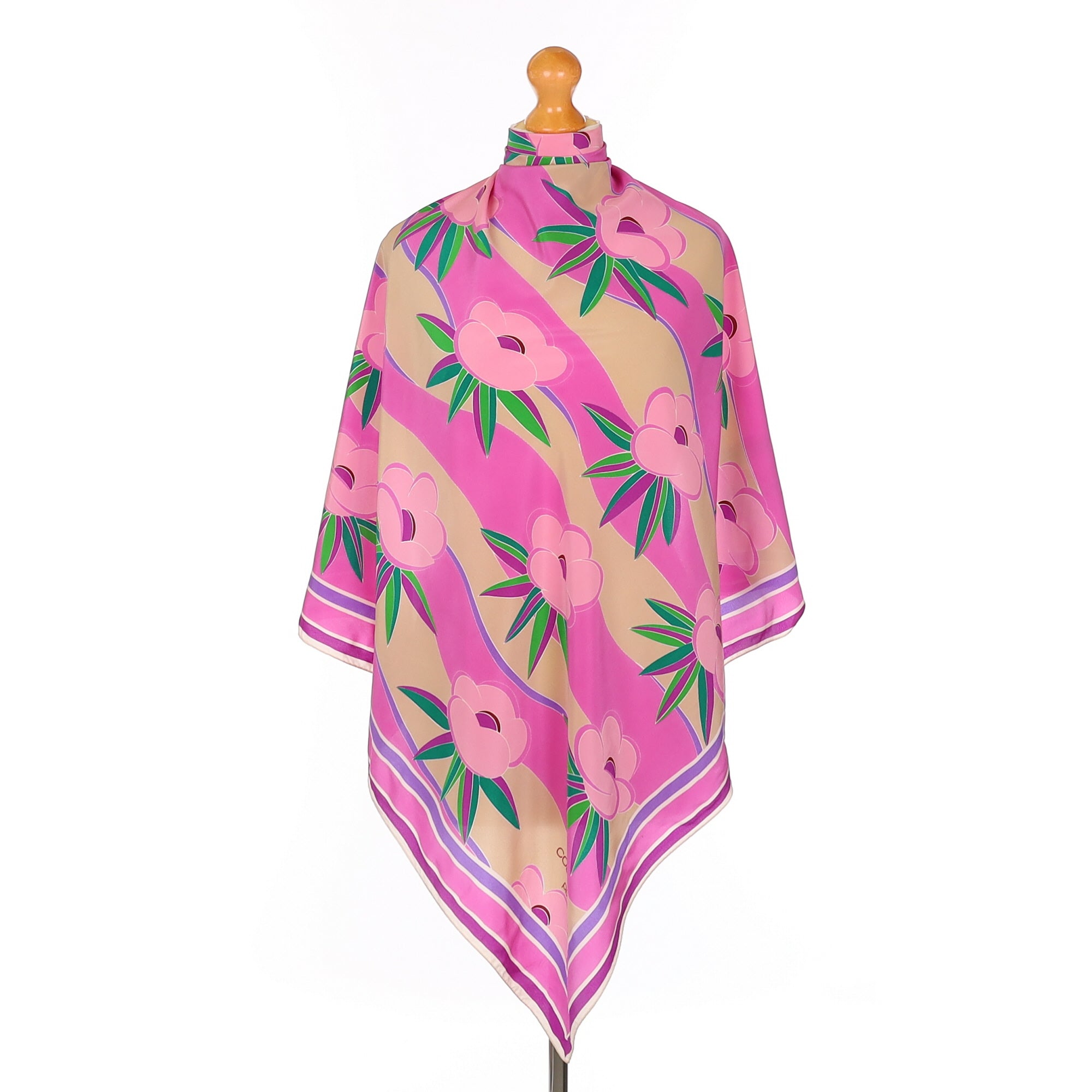 Pink and Green Floral Print Vintage Silk Scarf