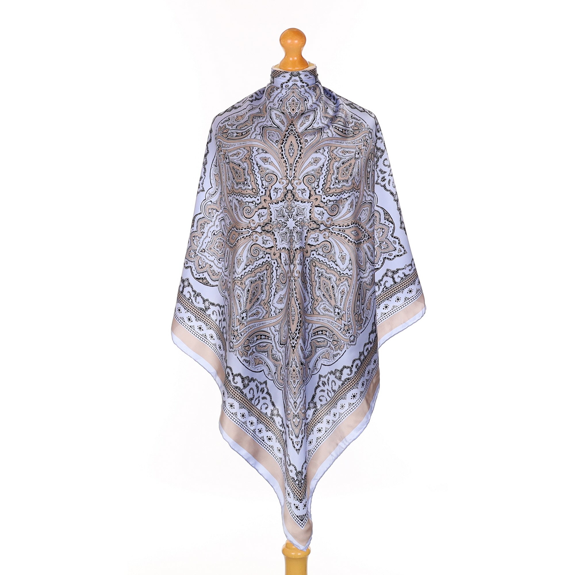 Grey and Blue Patterned Silk Scarf