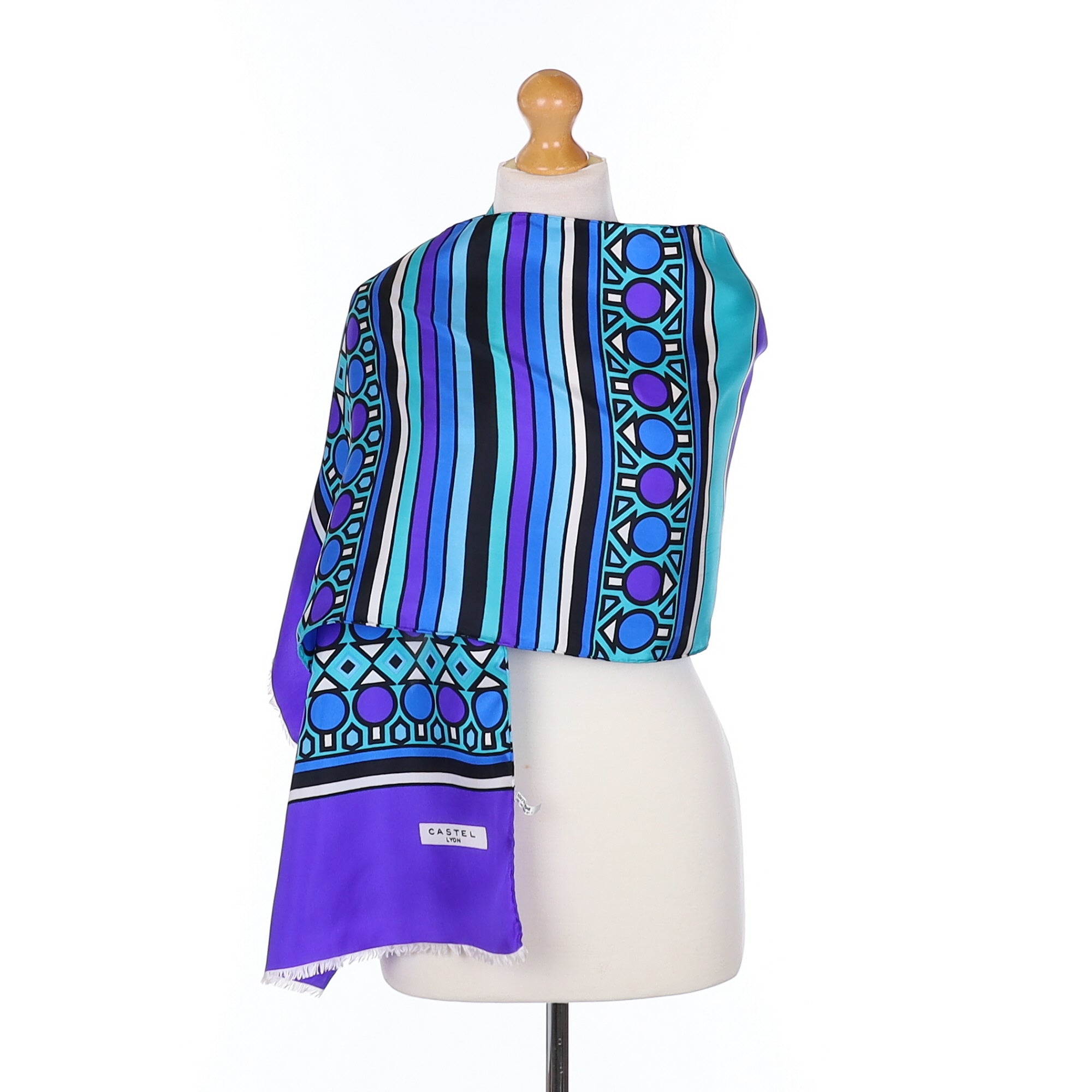 1970’s Castel Lyon Patterned Blue Vintage Silk Scarf