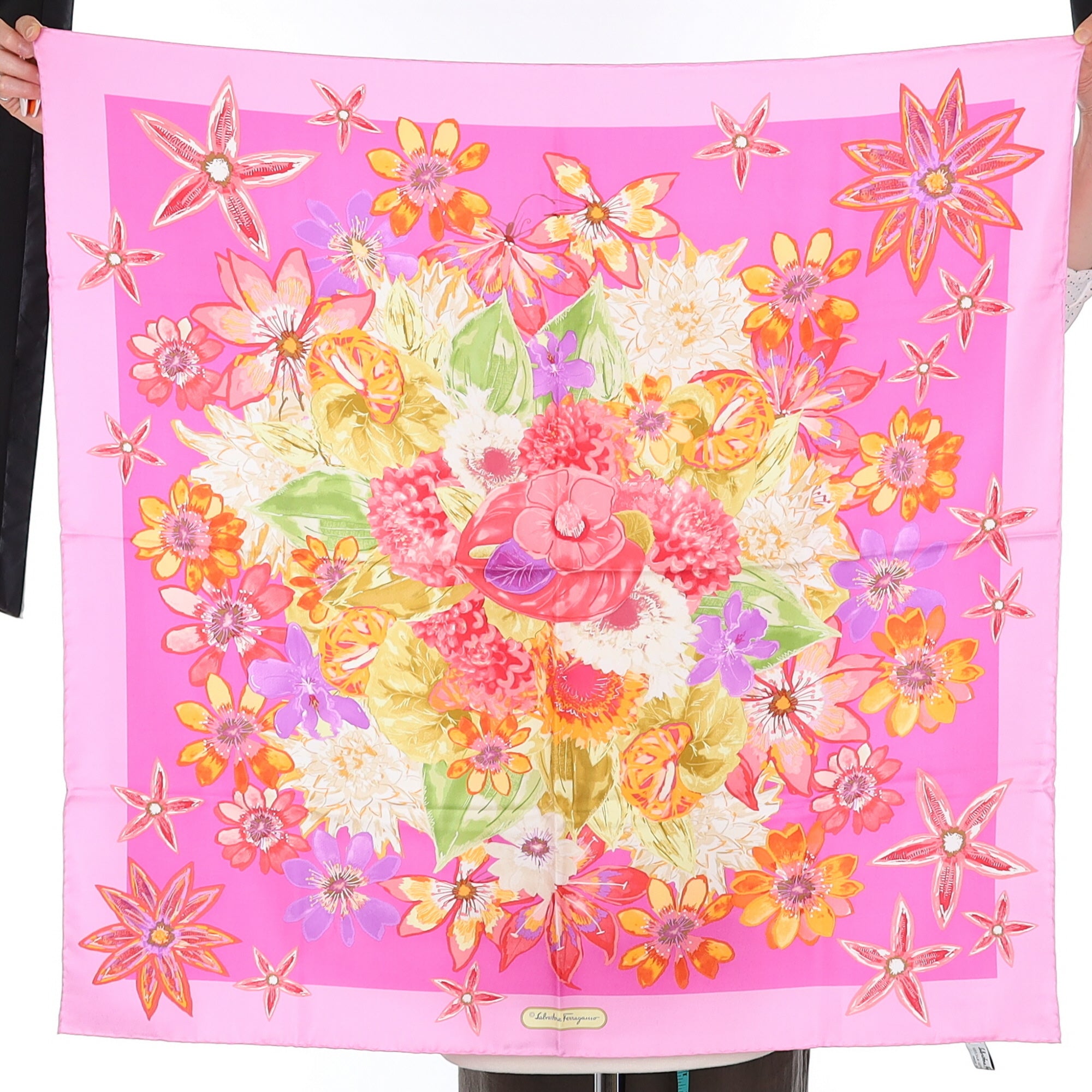Brand New Boxed Salvatore Ferragamo Pink Floral Silk Scarf