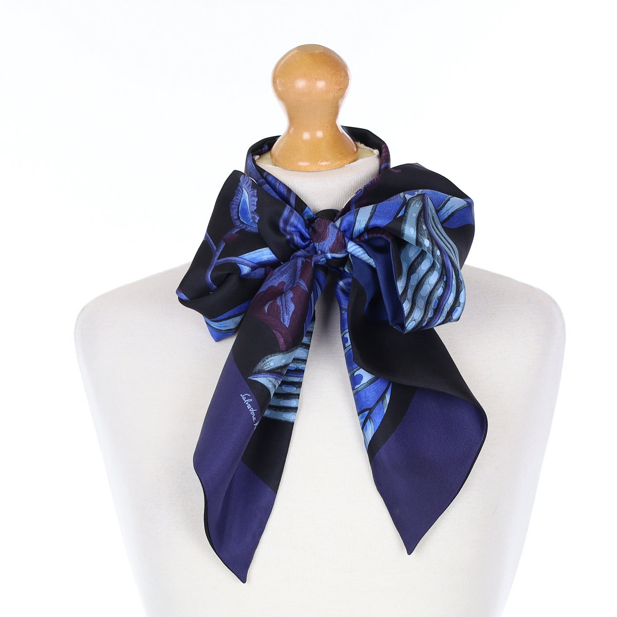 Boxed Salvatore Ferragamo Blue & Black Silk Scarf