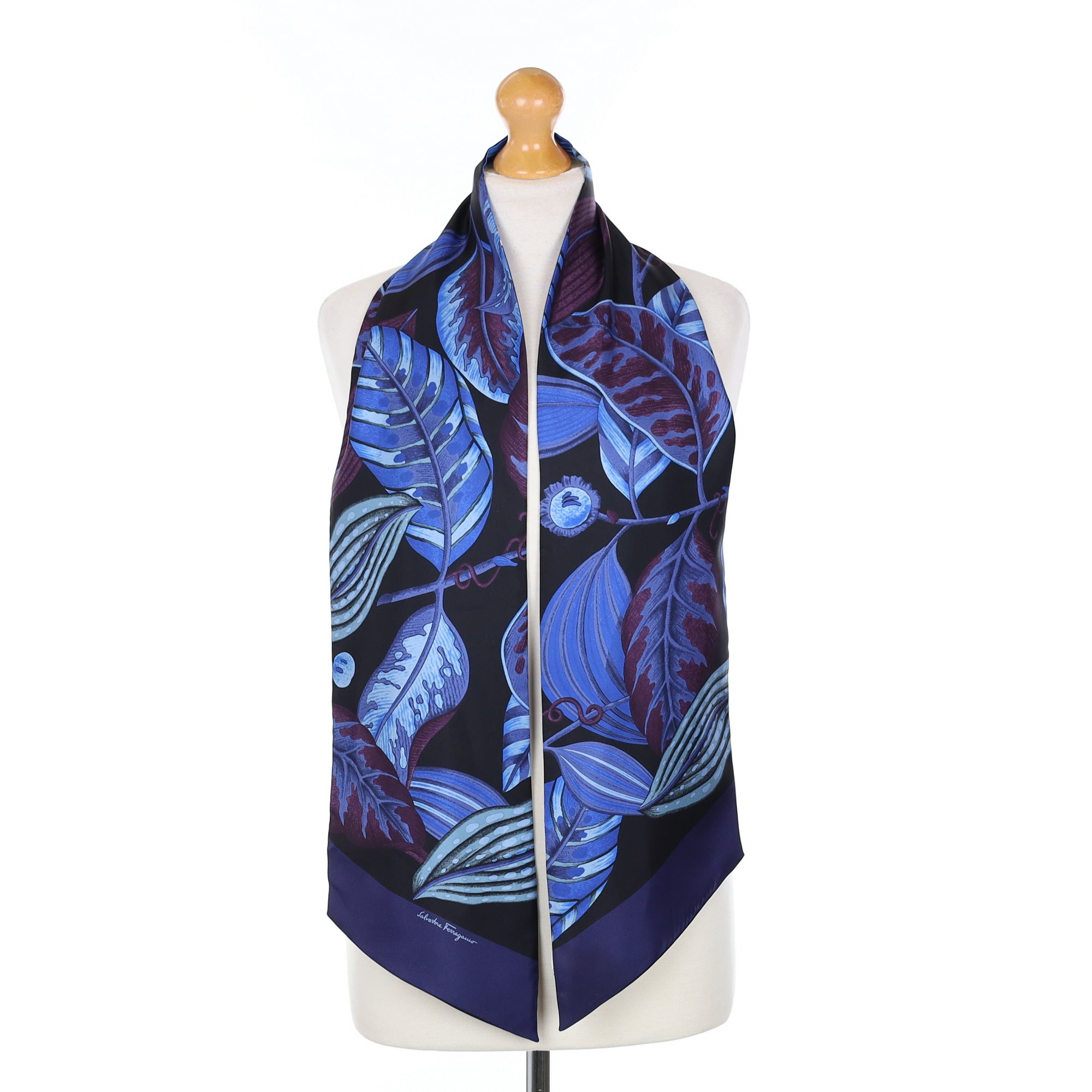 Boxed Salvatore Ferragamo Blue & Black Silk Scarf