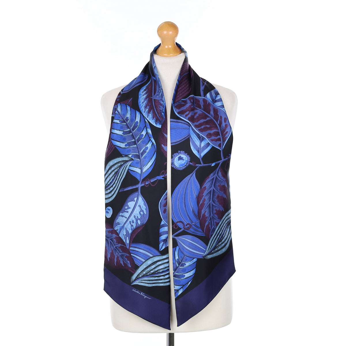 Boxed Salvatore Ferragamo Blue & Black Silk Scarf