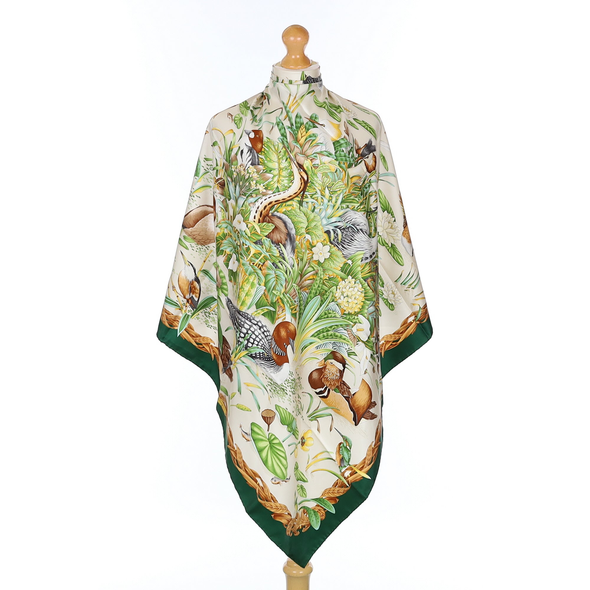 Salvatore Ferragamo Green Bird Life Silk Scarf