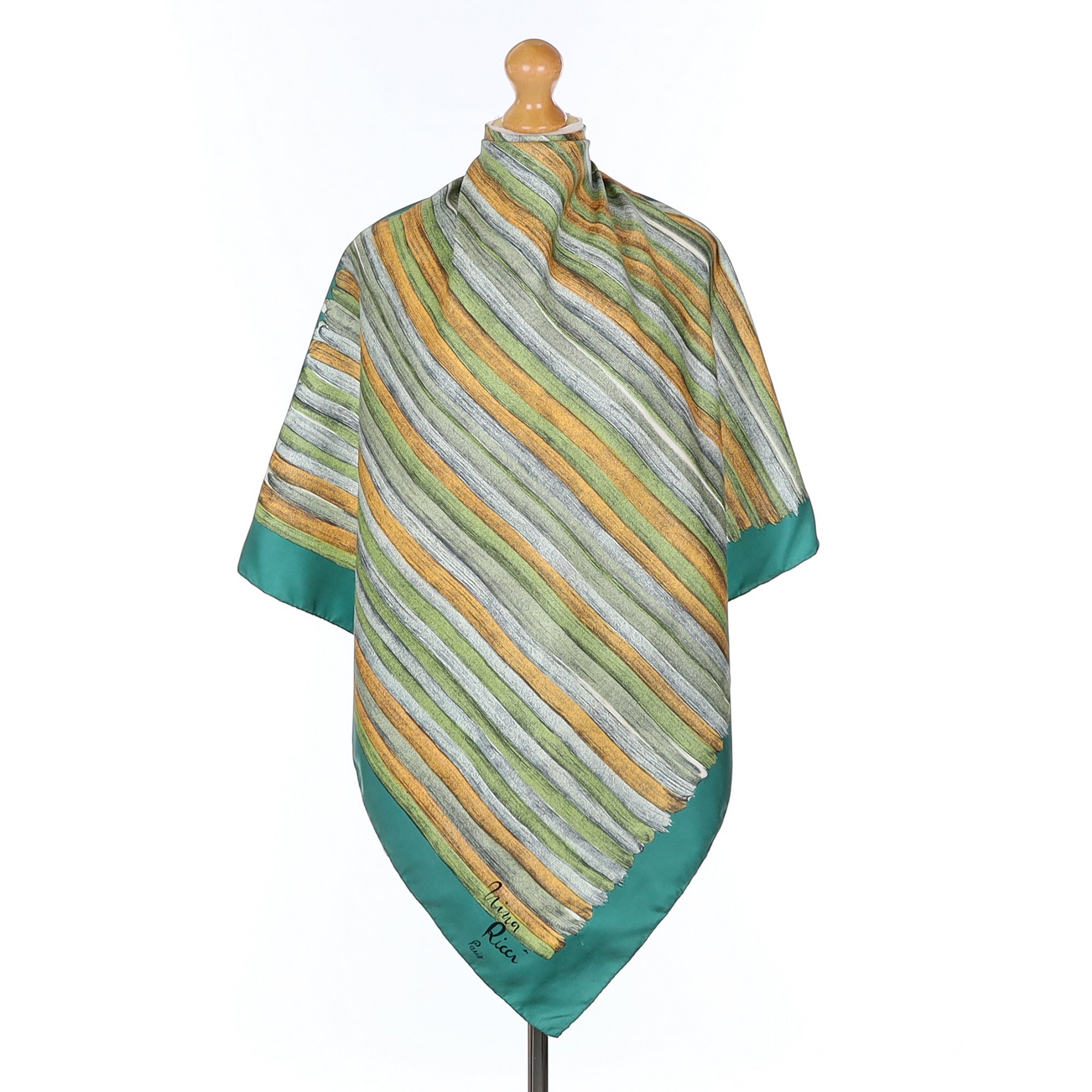Nina Ricci Vintage Green Striped Silk Scarf