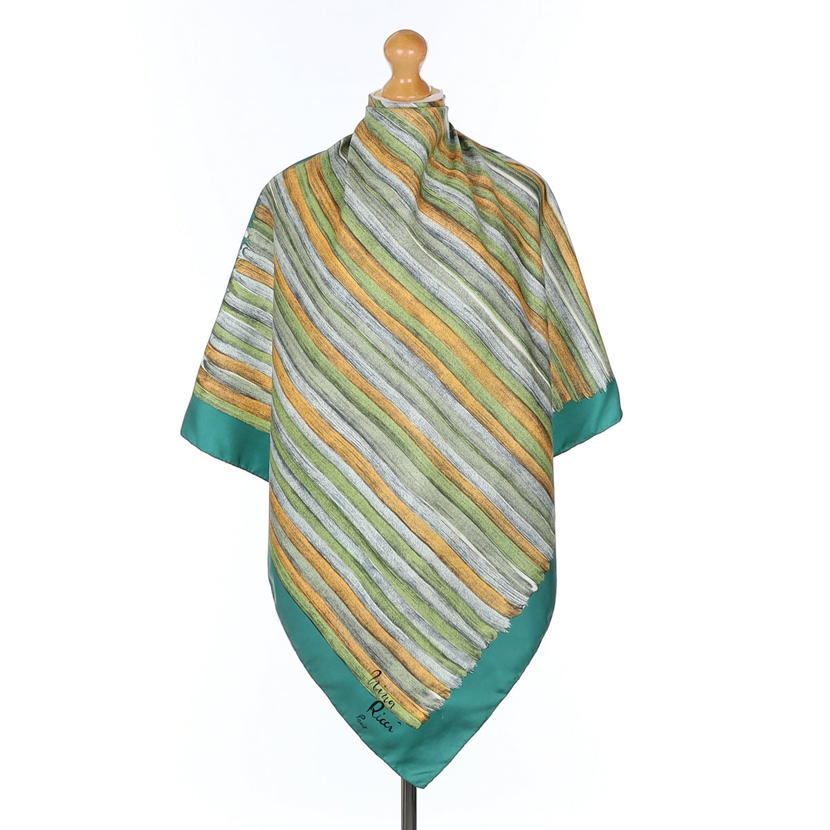 Nina Ricci Vintage Green Striped Silk Scarf