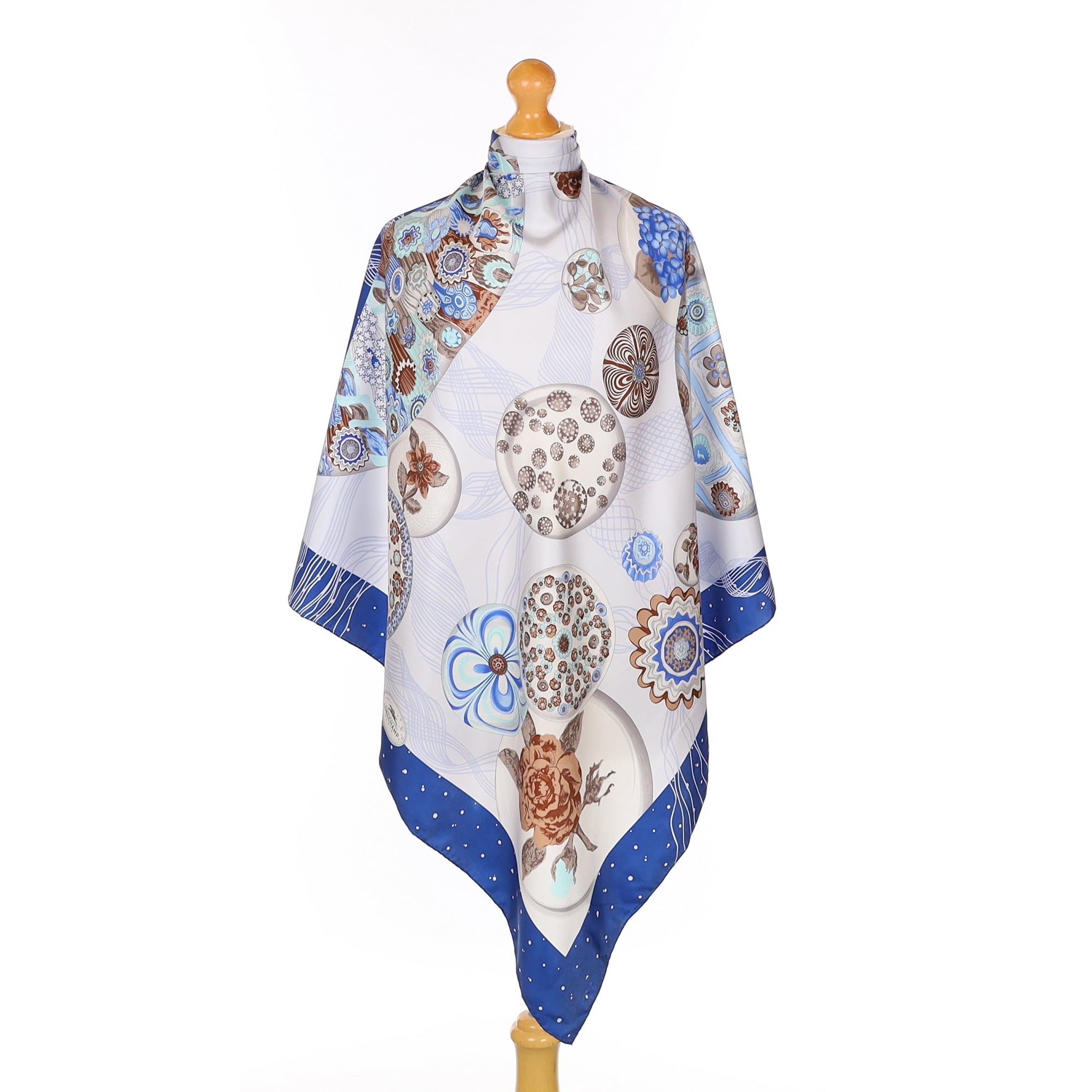 Longchamp Blue Circular Design Silk Scarf