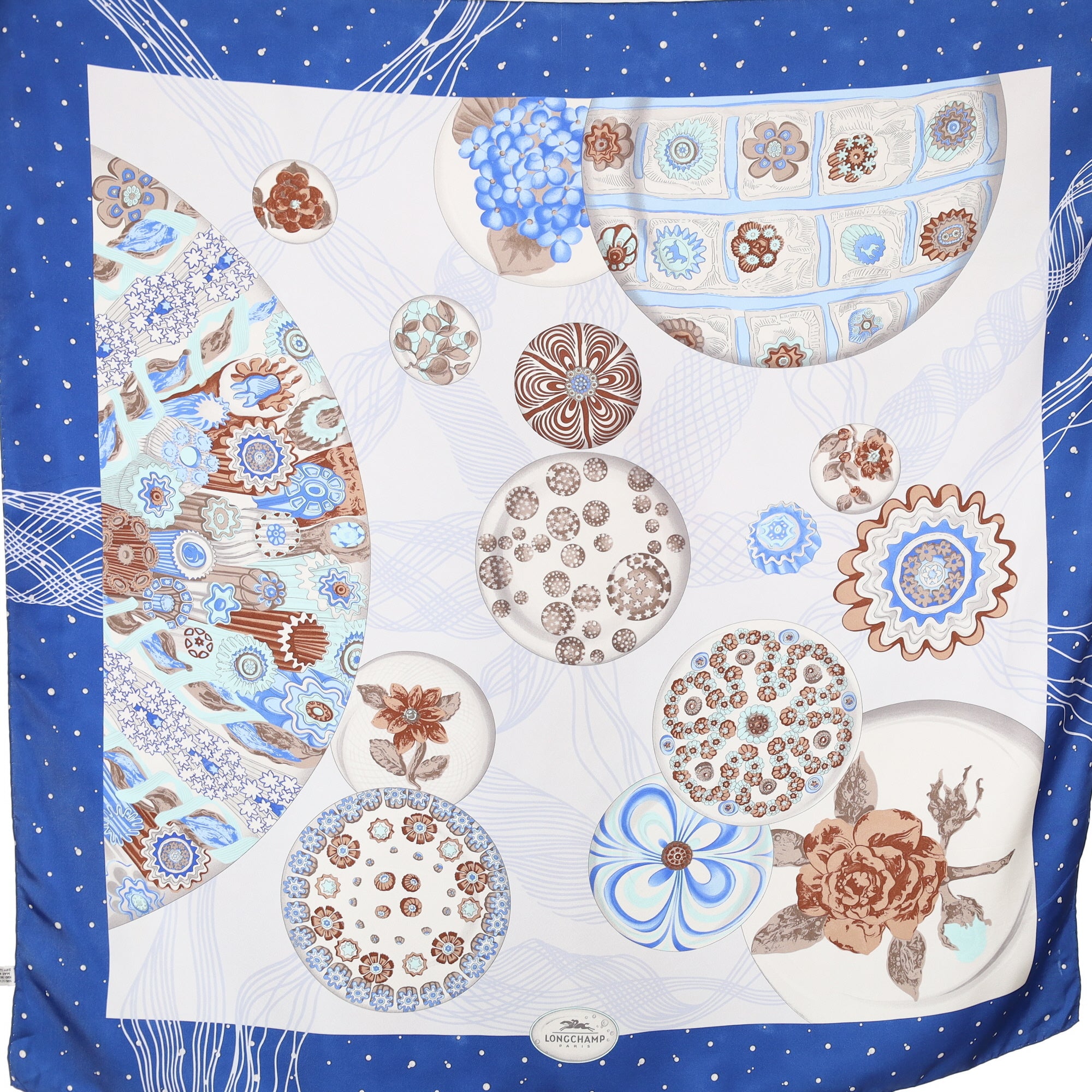 Longchamp Blue Circular Design Silk Scarf