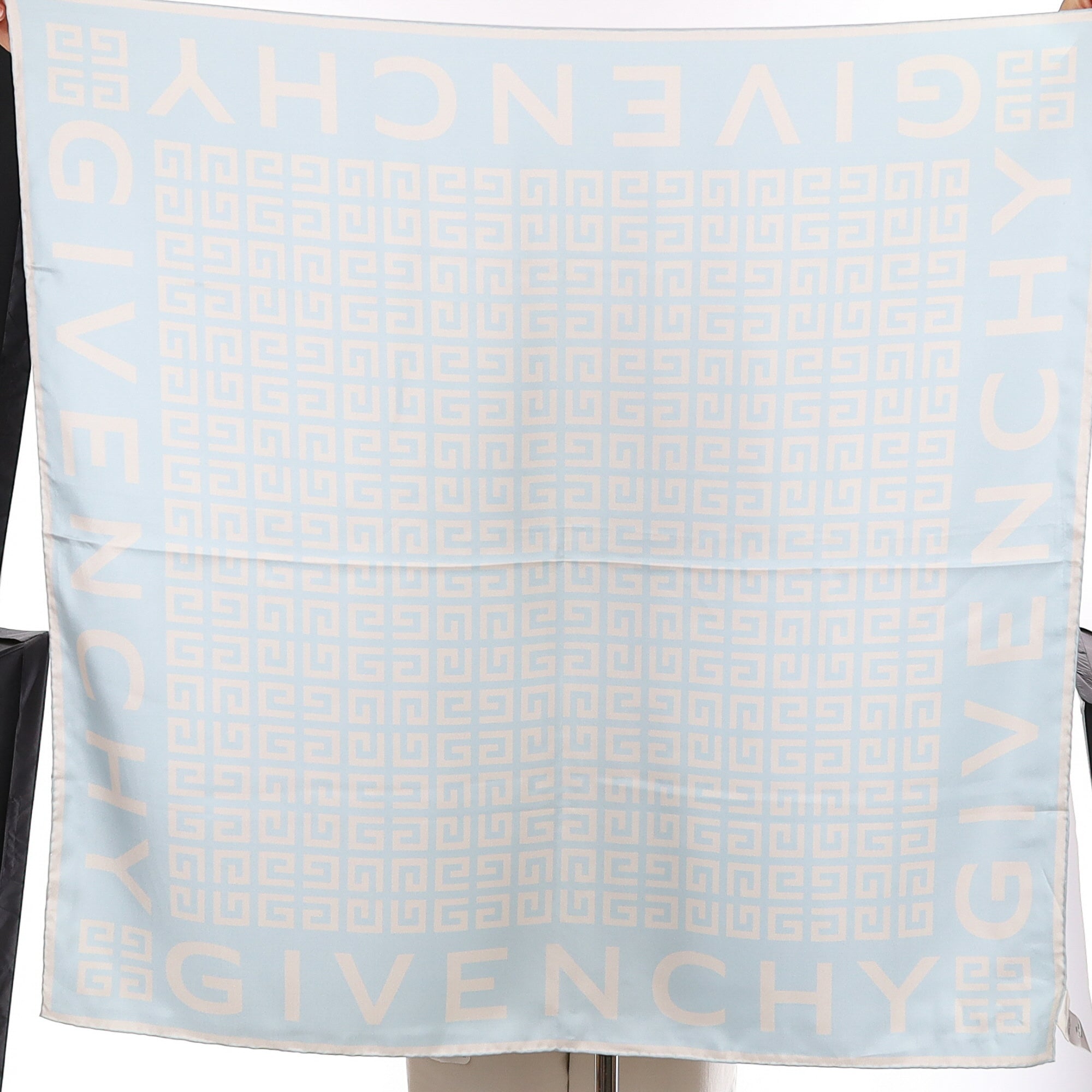 Brand New Givenchy Pale Blue Logo Silk Scarf