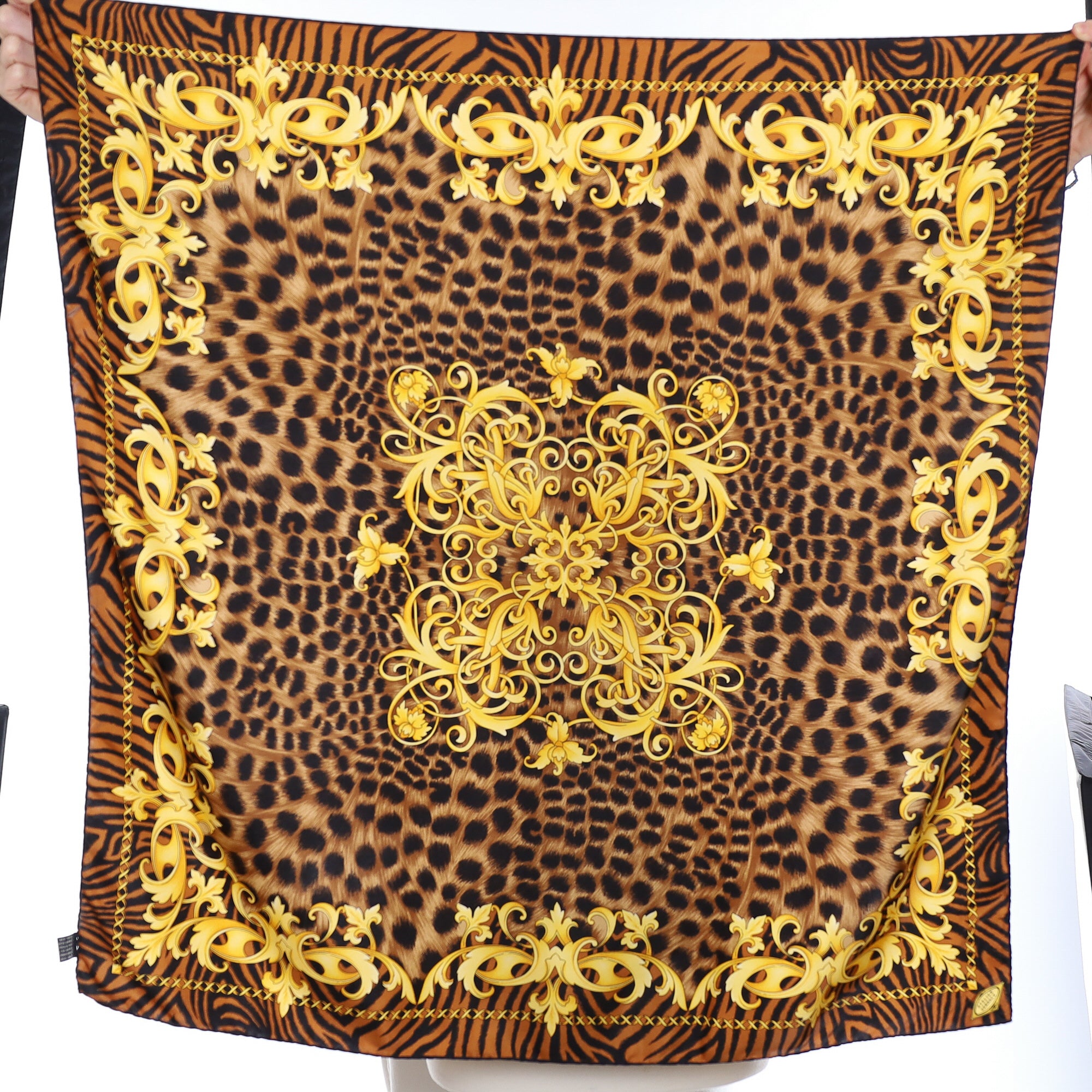 Versace Brown, Black and Gold Patterned Silk Scarf