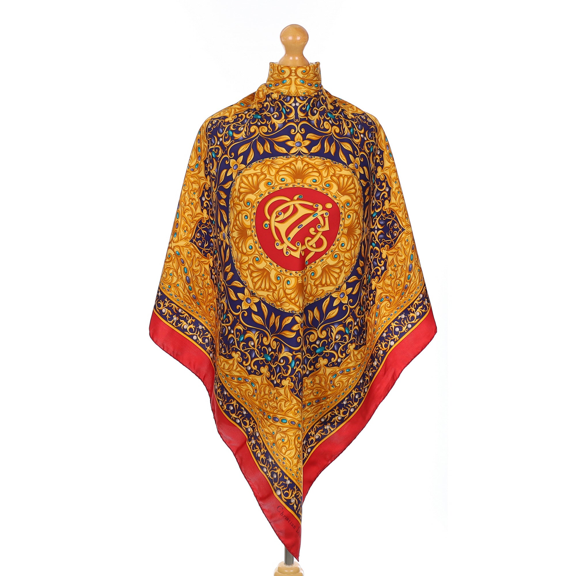 Christian Dior Red, Navy and Gold Vintage Silk Scarf