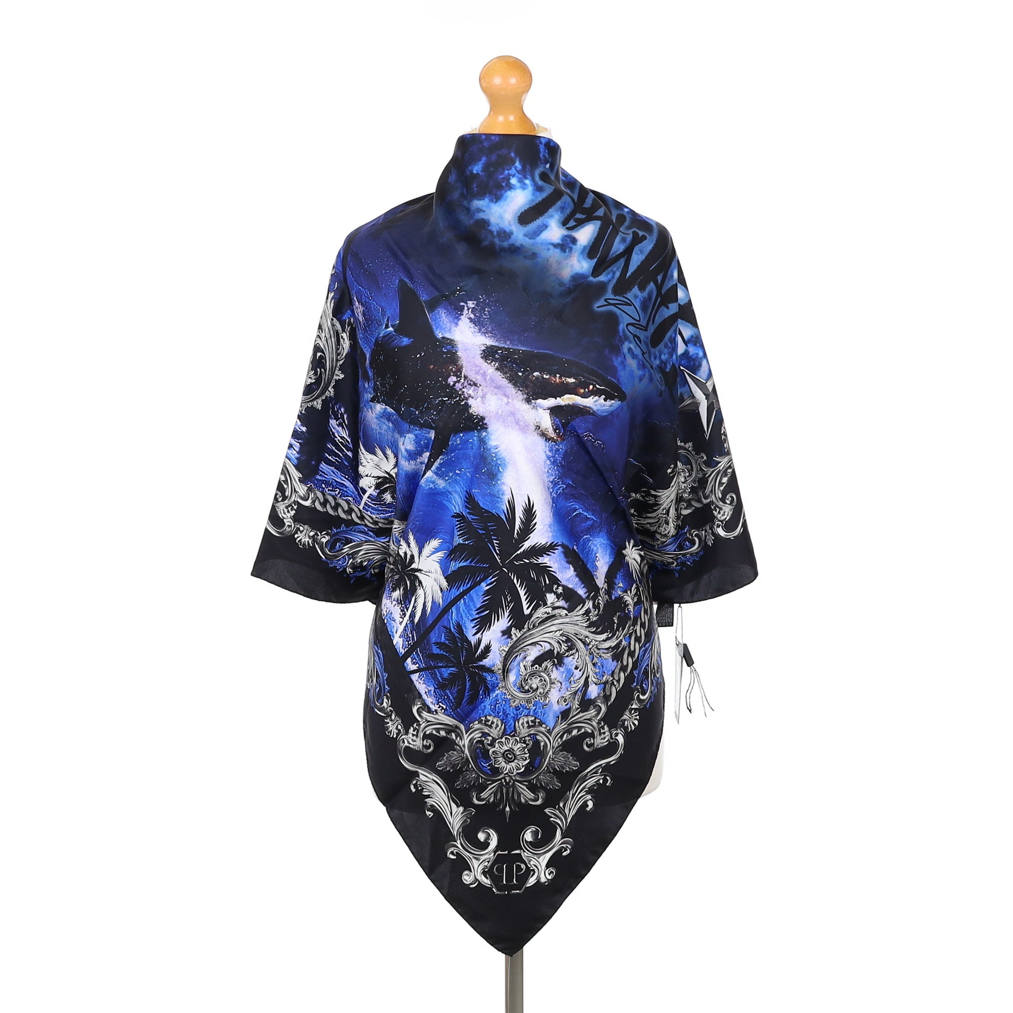 Brand New Philipp Plein Black & Blue Shark Silk Scarf