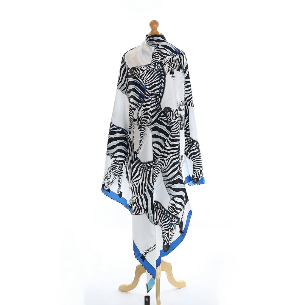 Brand New Bellezza Cobalt & Aqua Zebra Double Faced Silk Scarf Extra Large