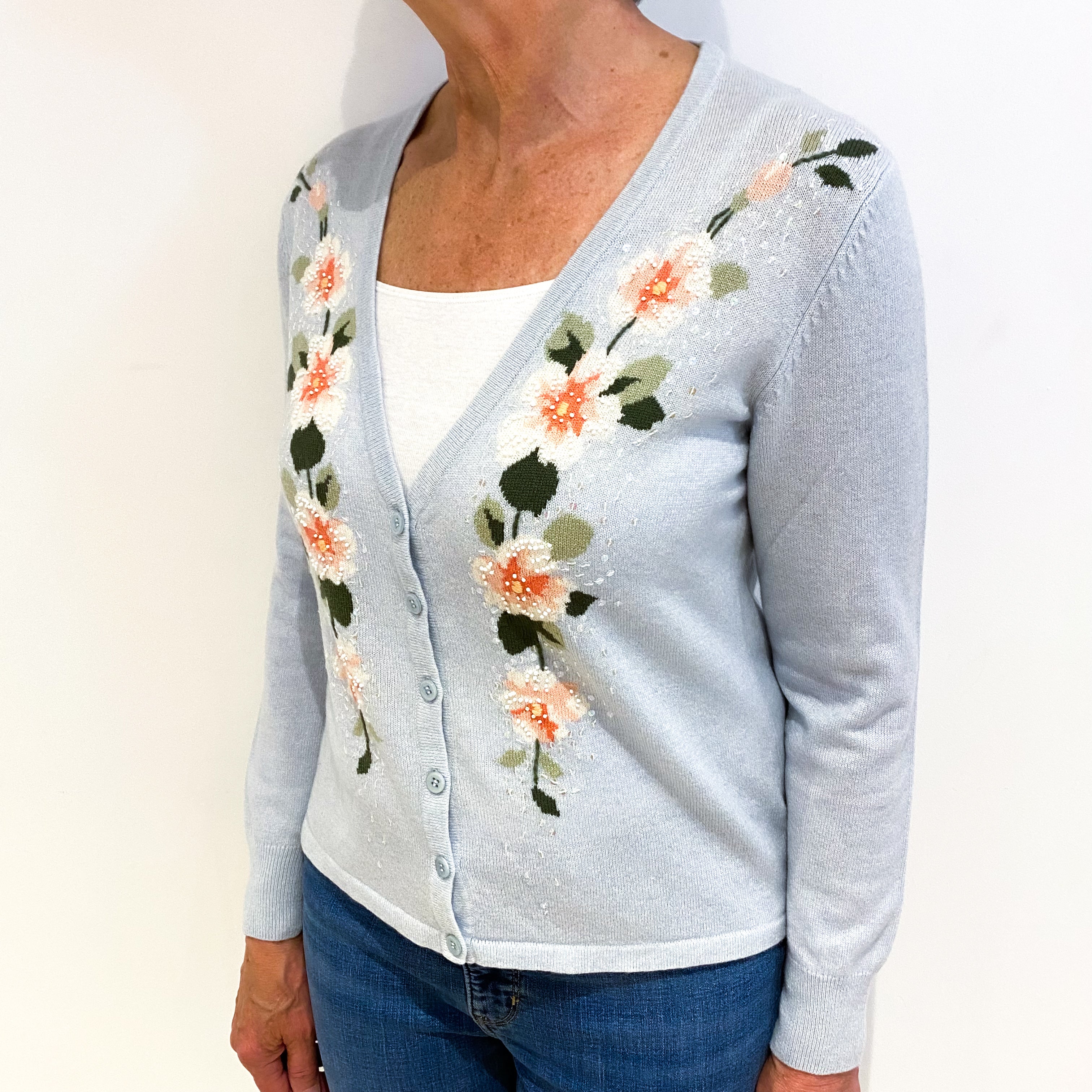 Ice Blue Floral Cashmere V Neck Cardigan Medium