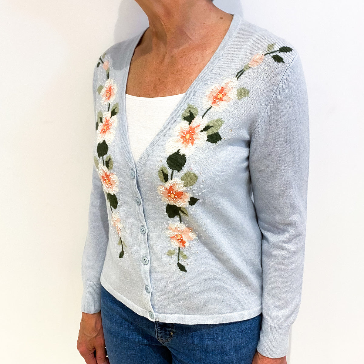 Ice Blue Floral Cashmere V Neck Cardigan Medium