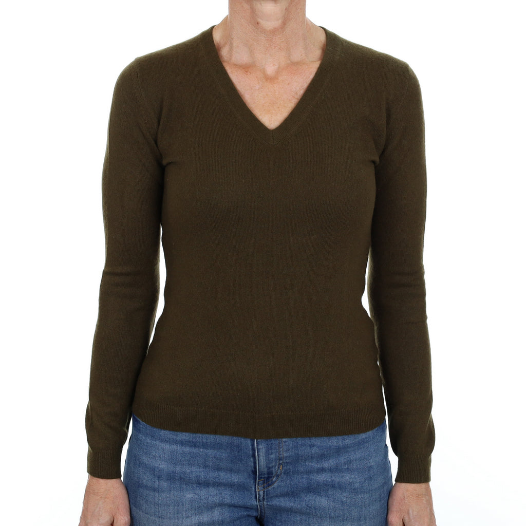 Army Green Cashmere V Neck Jumper Small