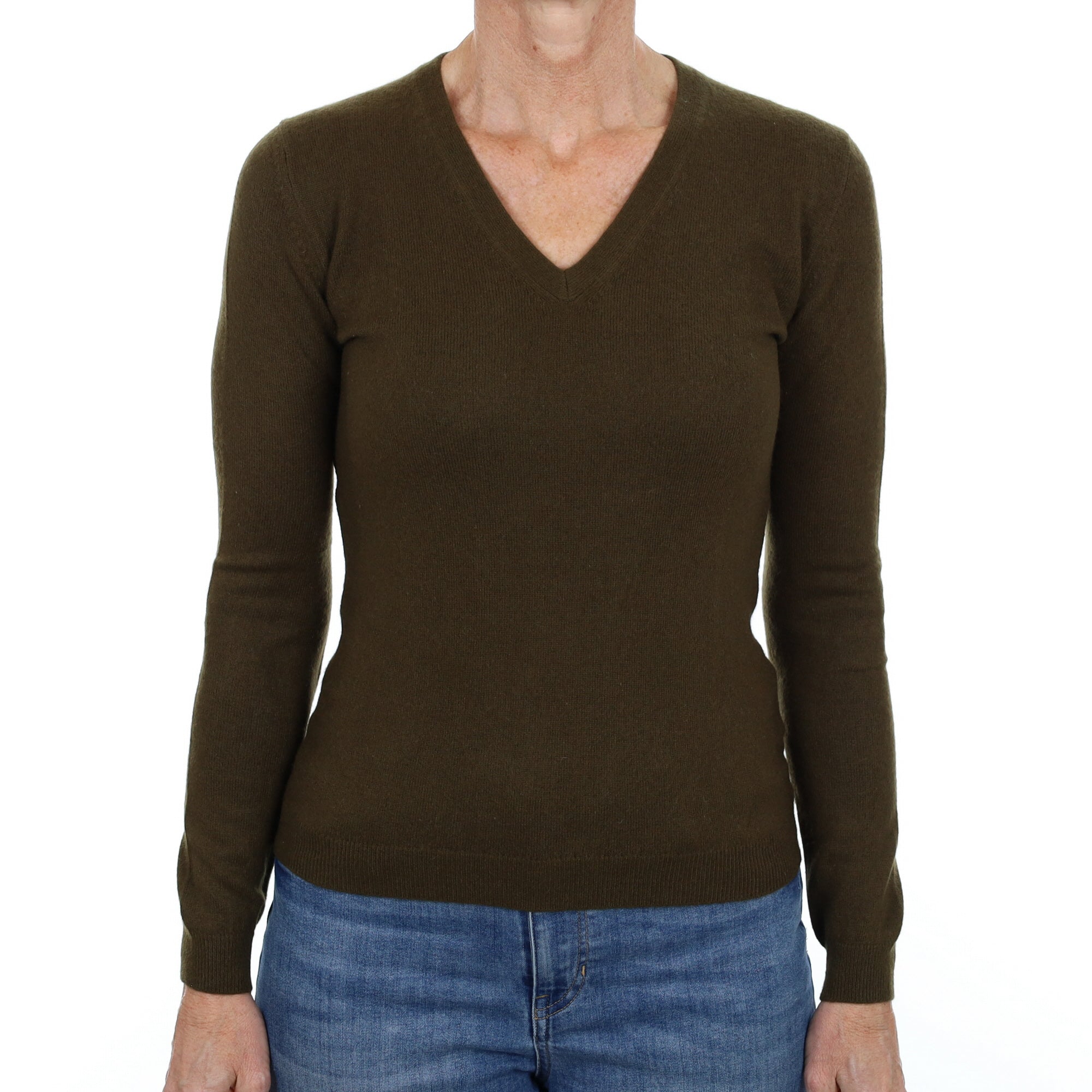 Army Green Cashmere V Neck Jumper Small