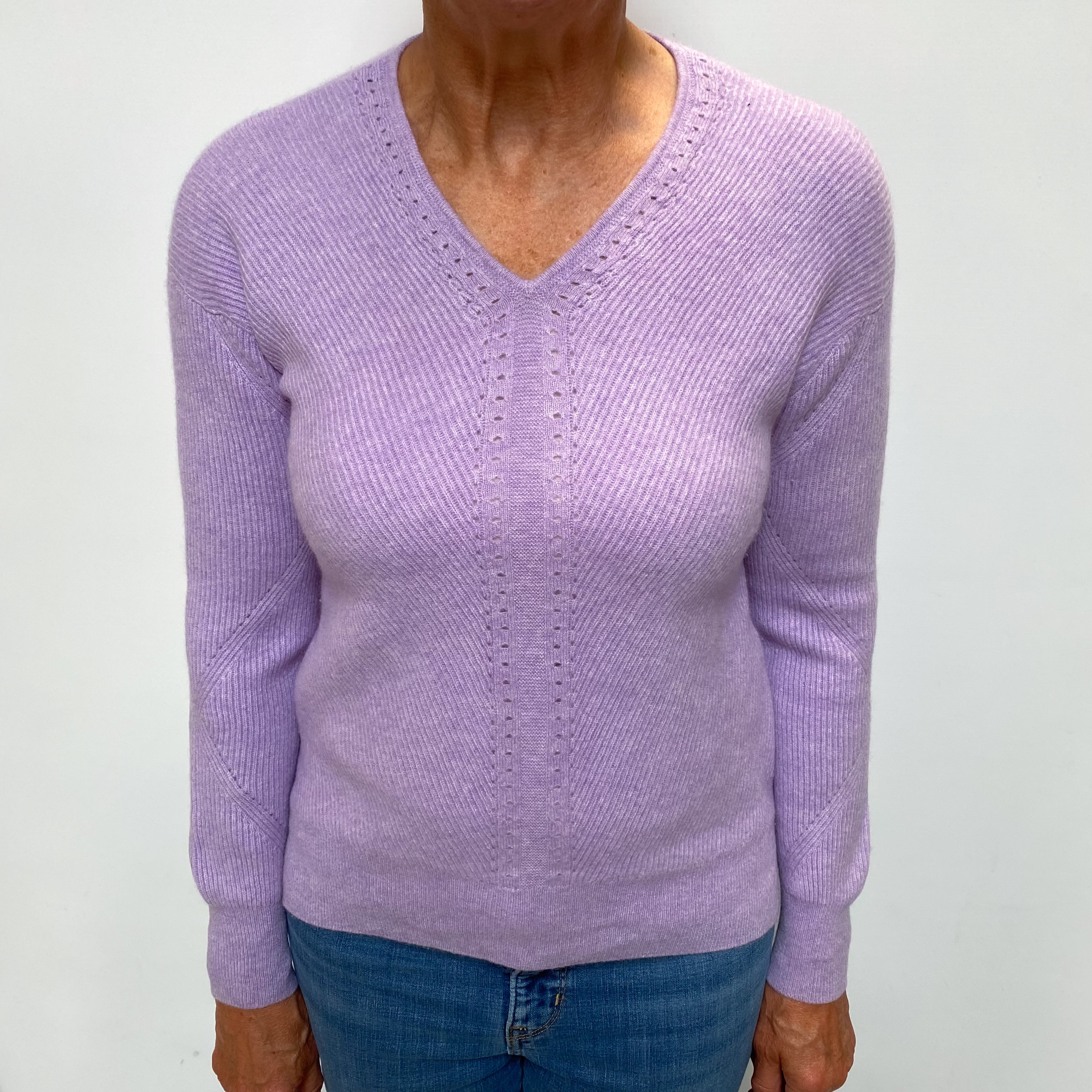 Lavender Purple Cashmere Textured V Neck Jumper Medium