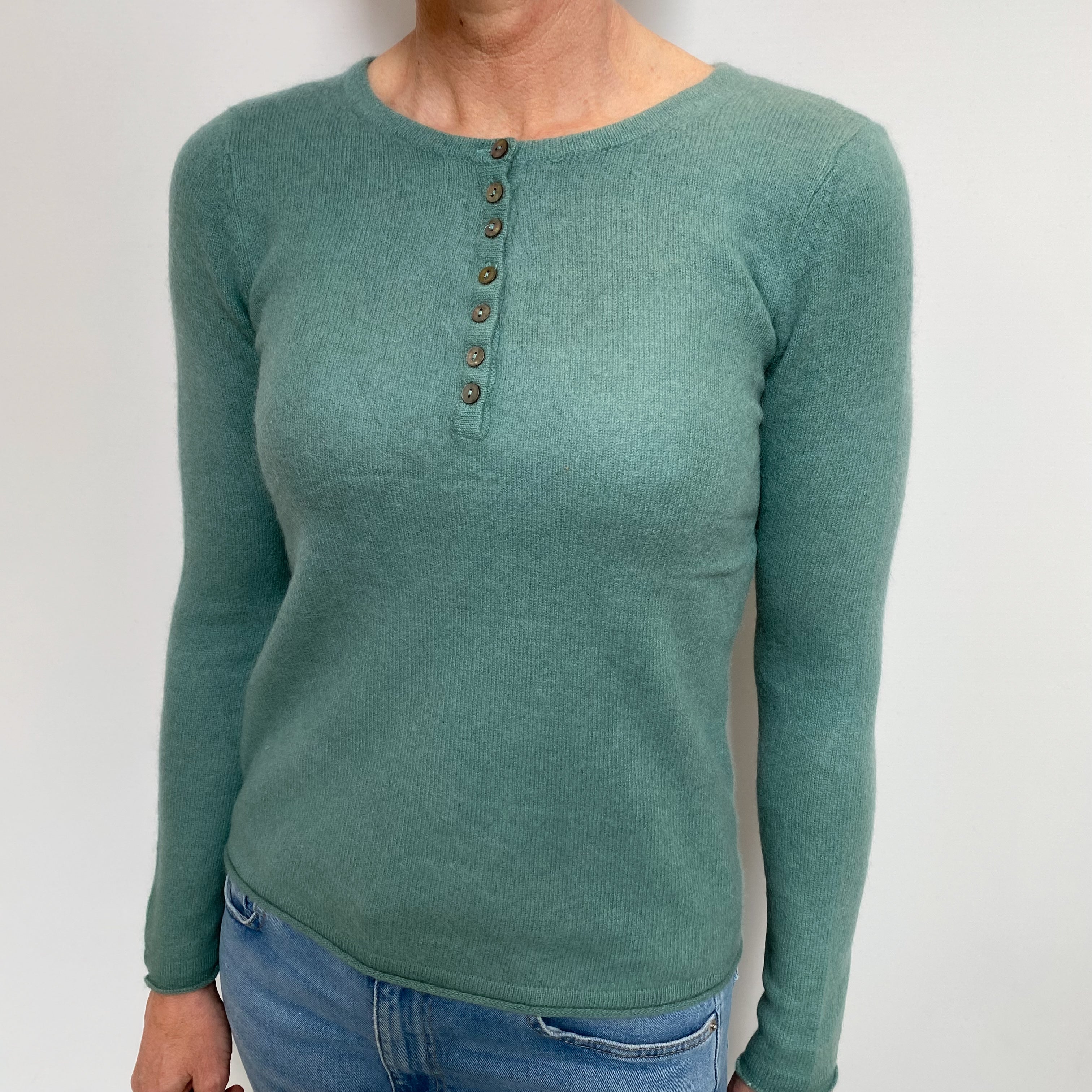 Sea foam Green Cashmere 3/4 Buttoned Crew Neck Jumper Small
