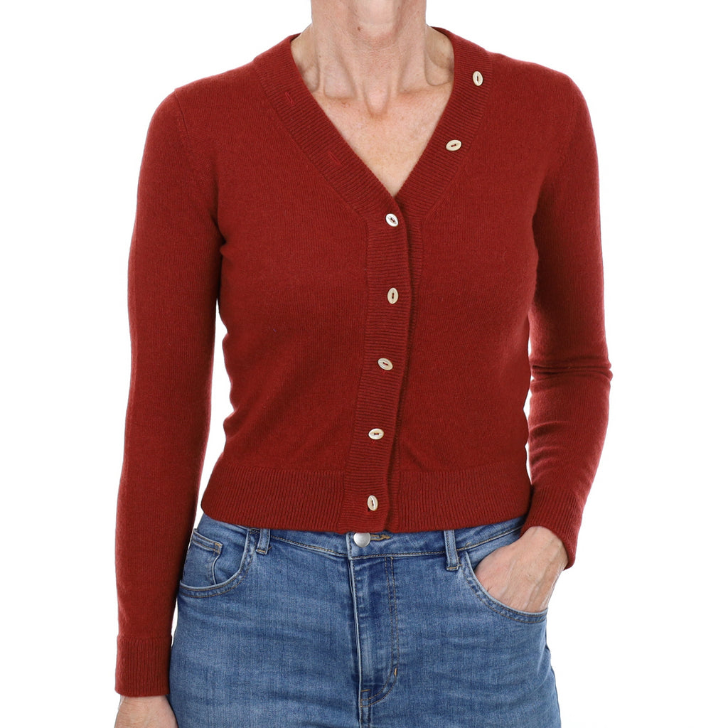 Brick Red Cashmere V Neck Cardigan Small