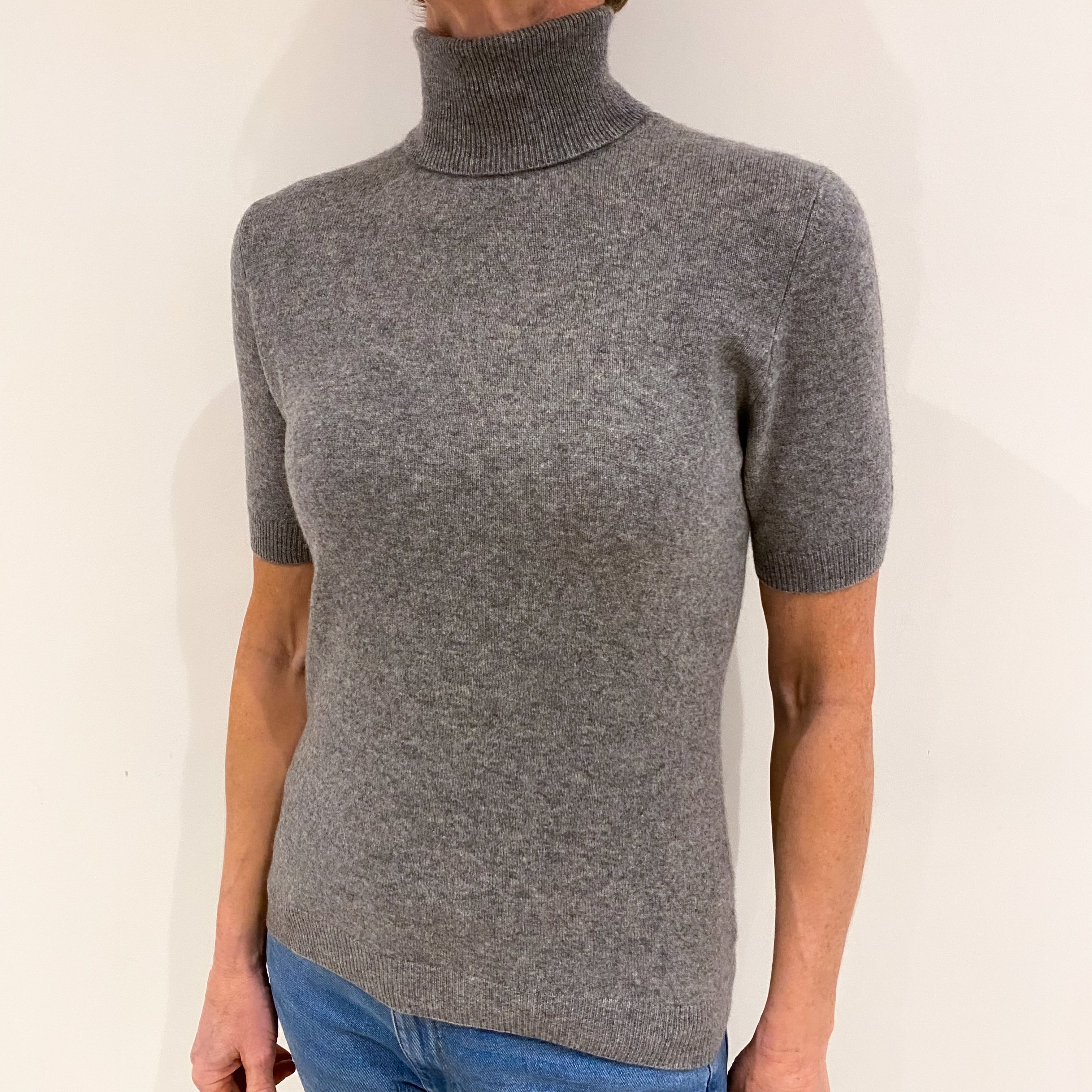 Steel Grey Cashmere Short Sleeved Polo Neck Jumper Small