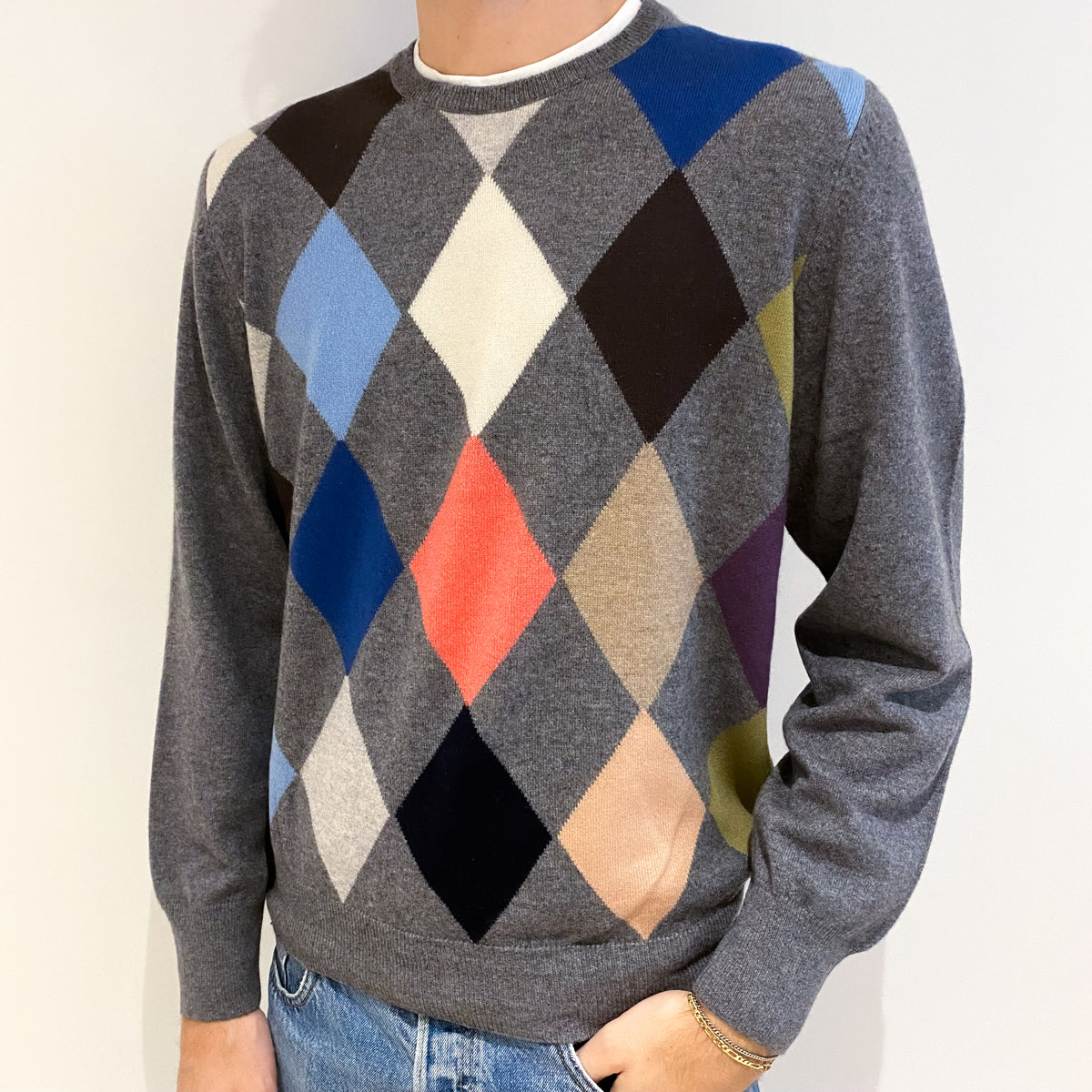 Men's Grey Colourful Diamond Cashmere Crew Neck Jumper Large