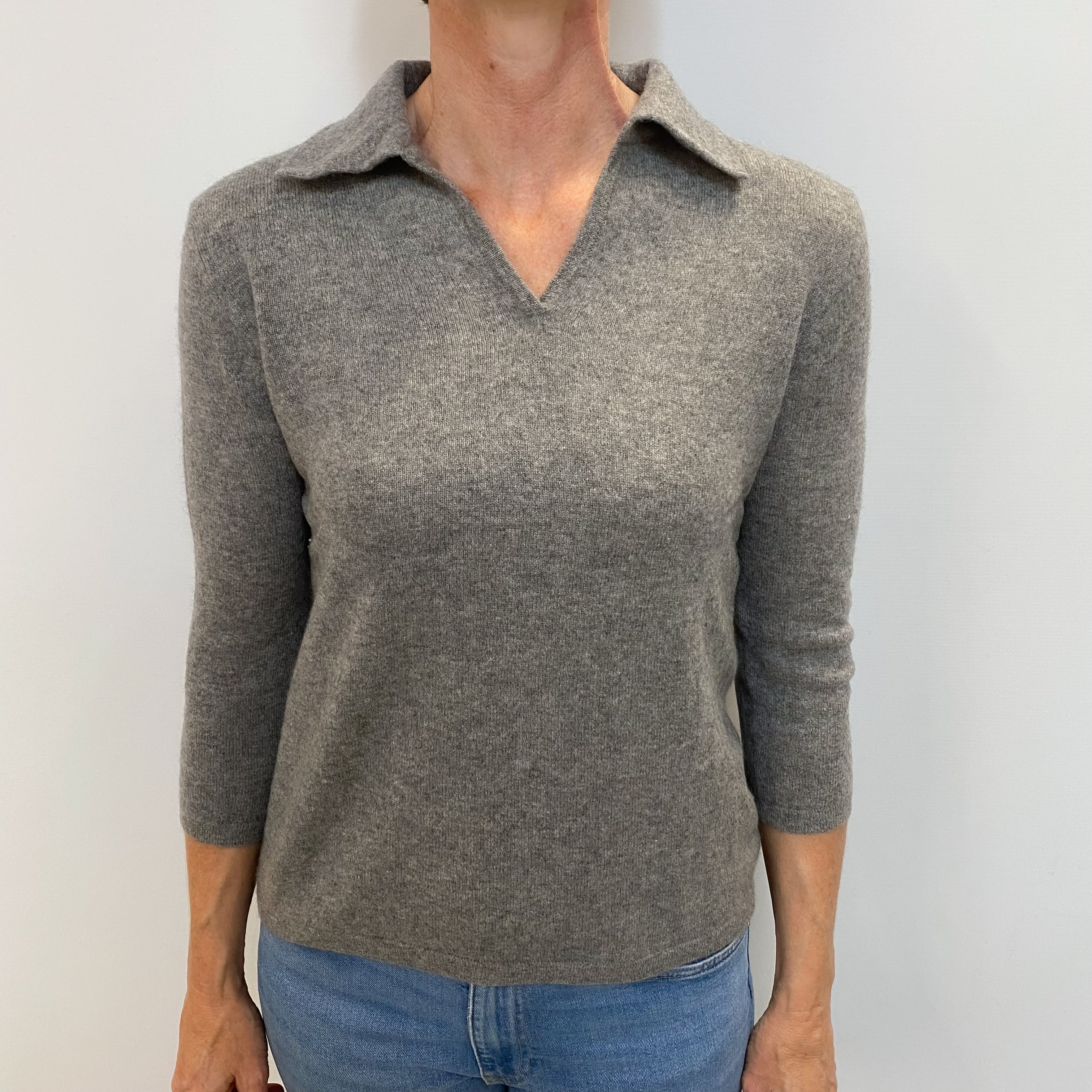 Ash Grey Cashmere Collared V Neck Jumper Small