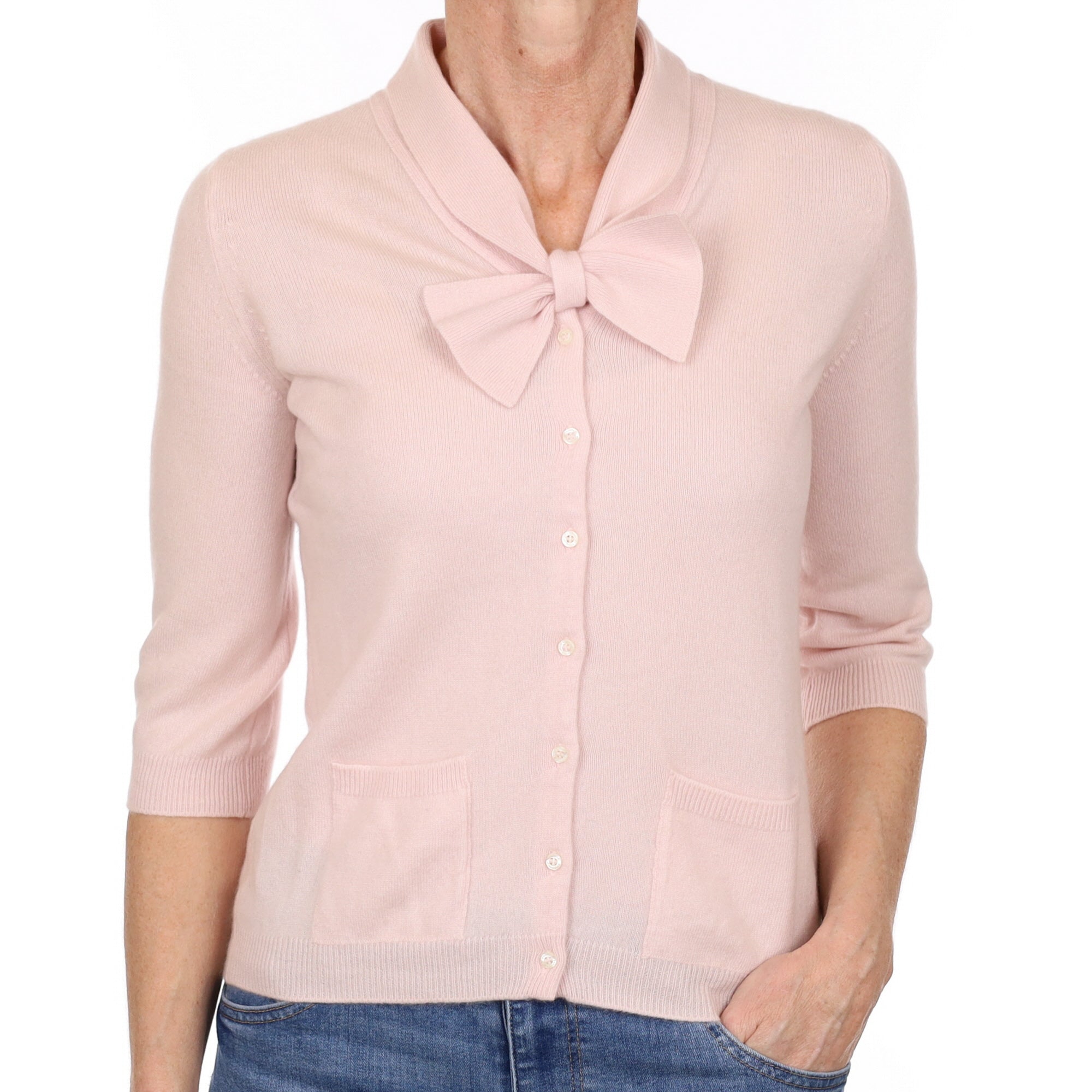 Vintage Scottish Pringle Pale Pink Cashmere Collared Cardigan with Bow Small