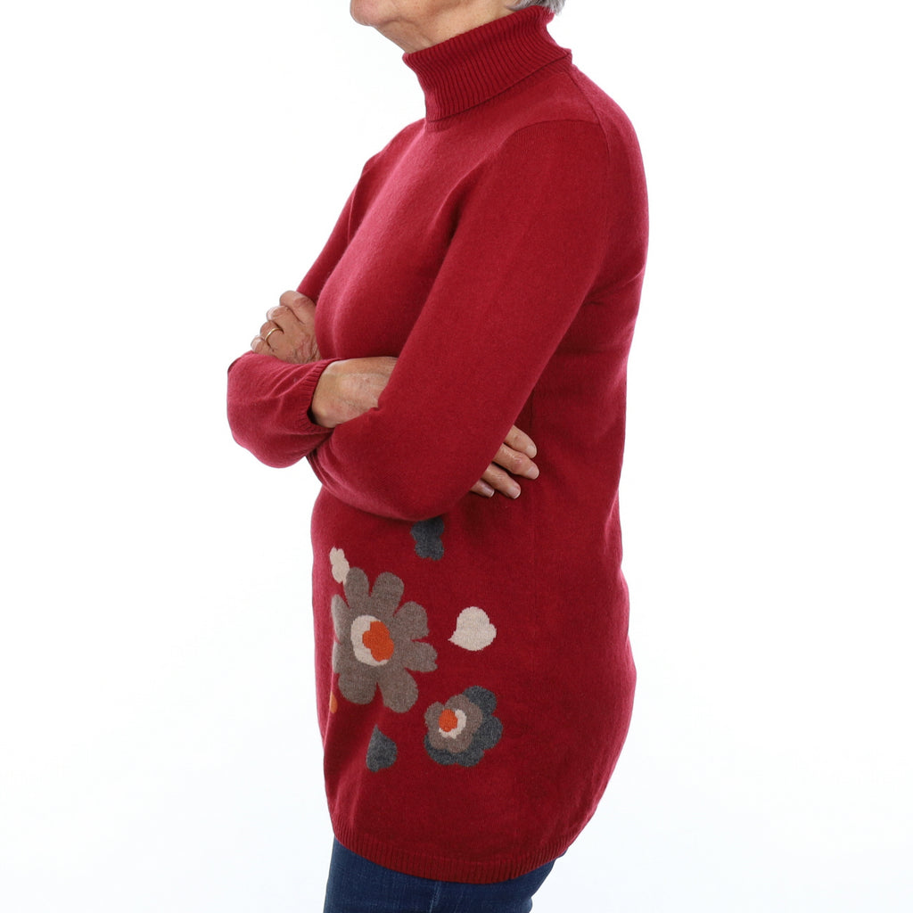 Crimson Floral Cashmere Longline Polo Neck Jumper Medium