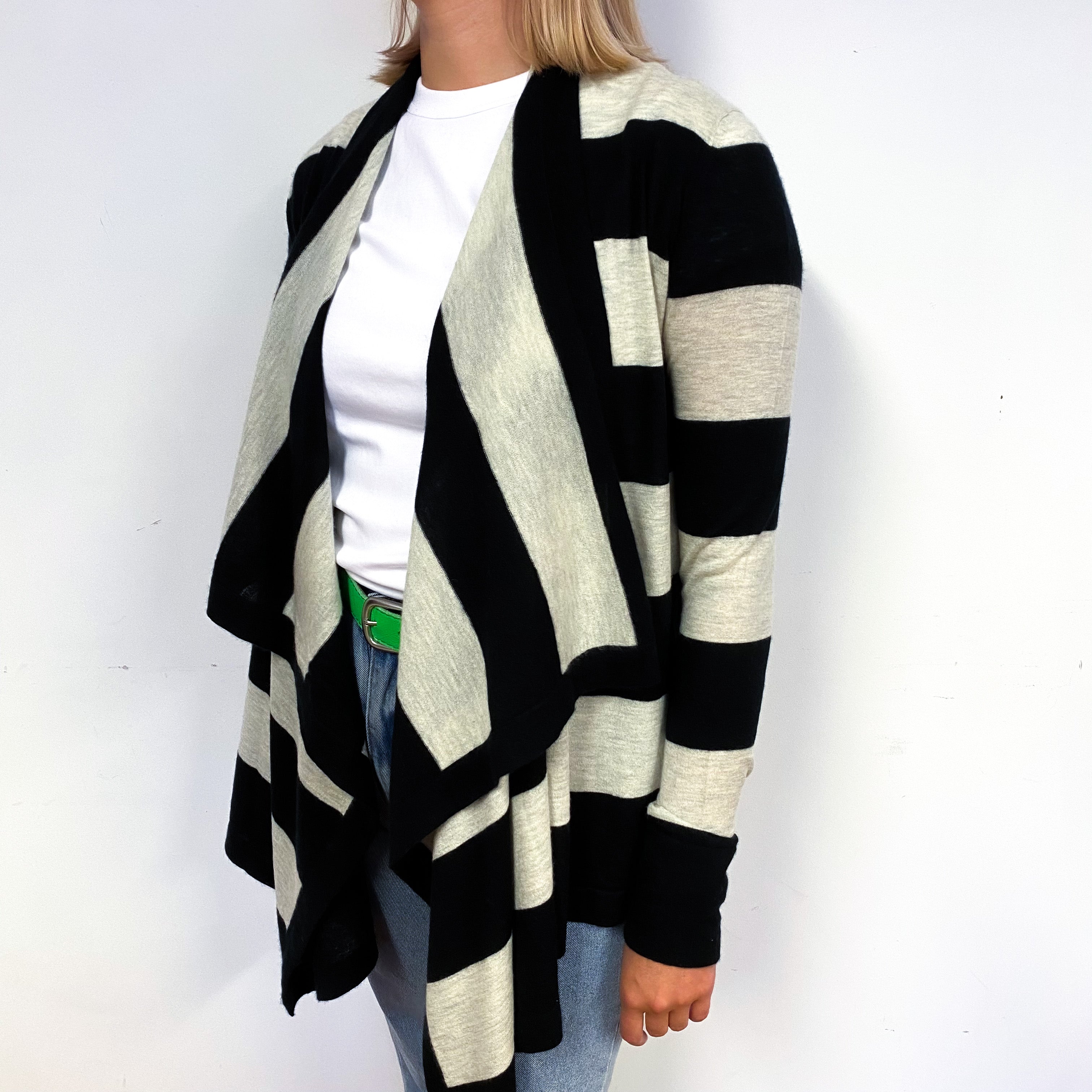 Black Grey Stripe Fine Knit Cashmere Waterfall Cardigan Small