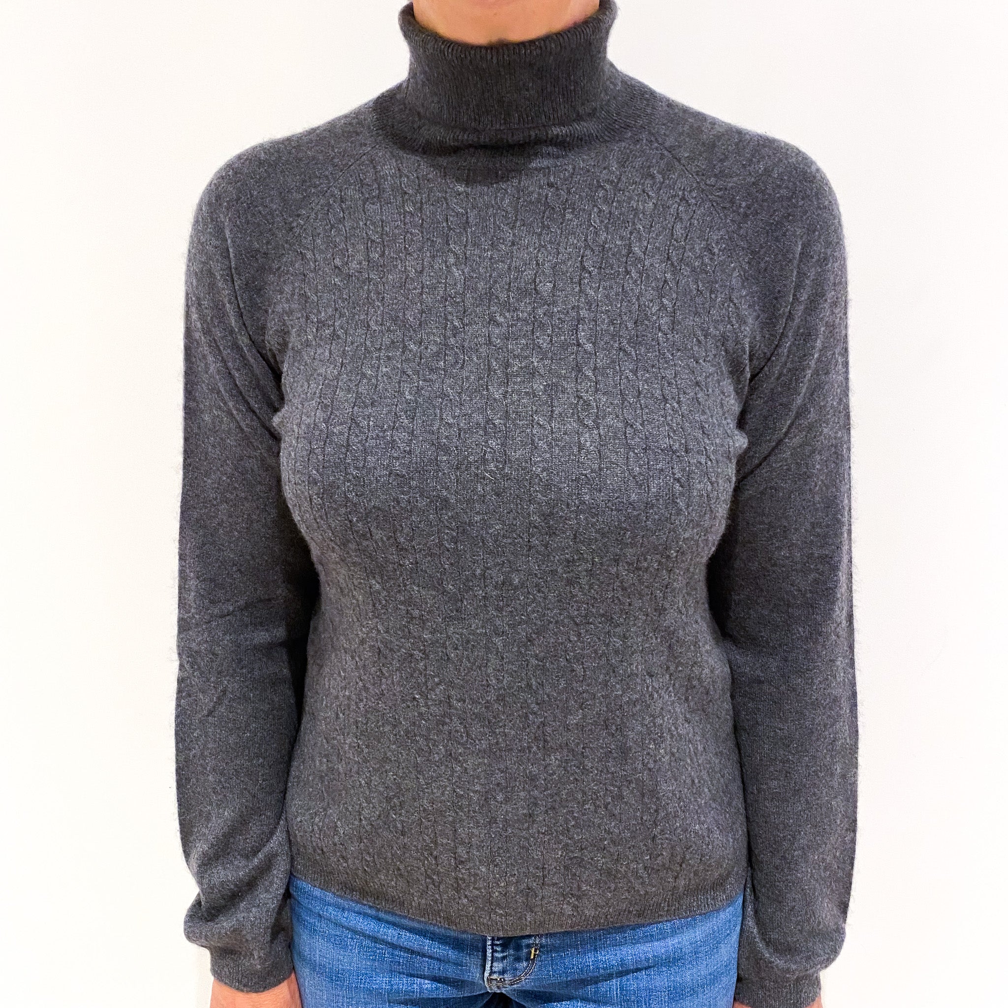 Slate Grey Cable Knit Cashmere Polo Neck Jumper Medium