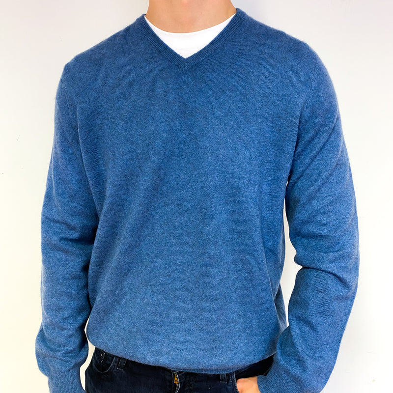 Men's Denim Blue Cashmere V-Neck Jumper Extra Large