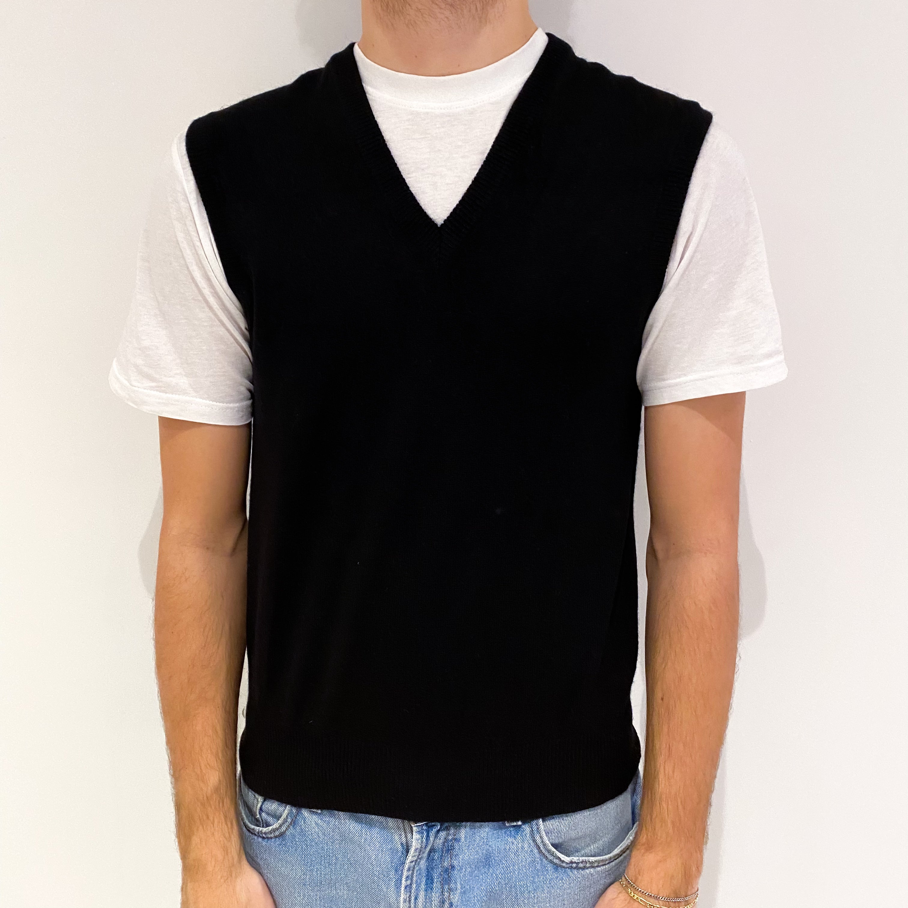 Men's Black Cashmere V Neck Jumper Vest Medium