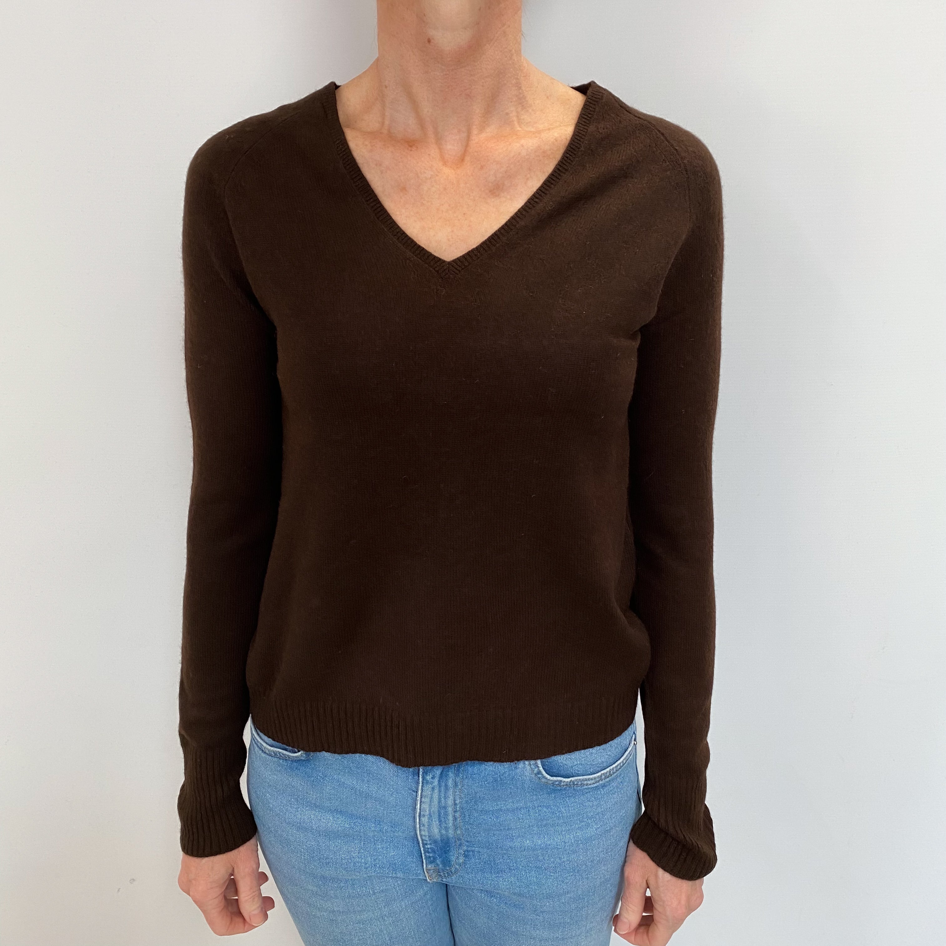 Chocolate Brown Cashmere V Neck Jumper Small