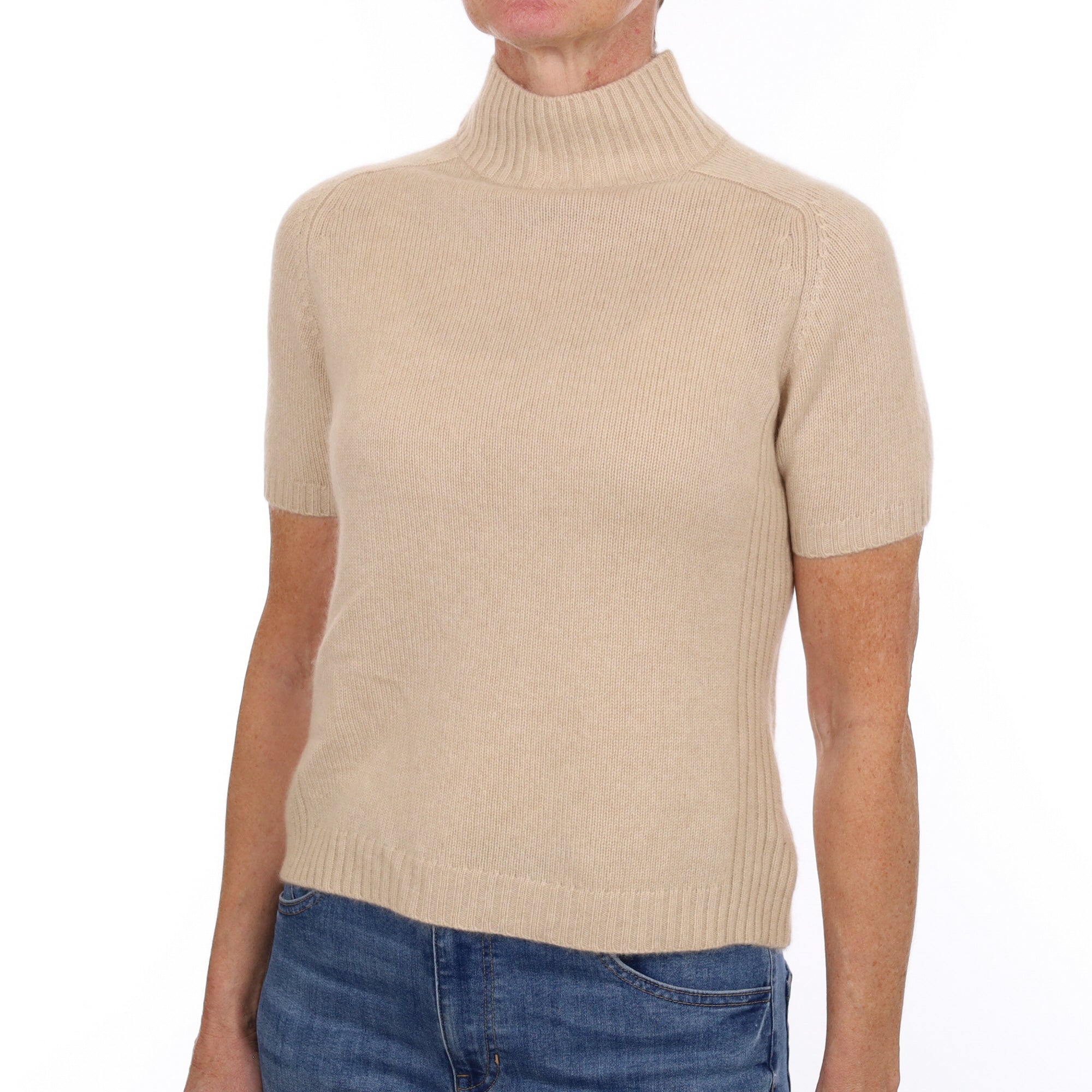 Oatmeal Beige Cashmere Turtle Neck Short Sleeved Jumper Small