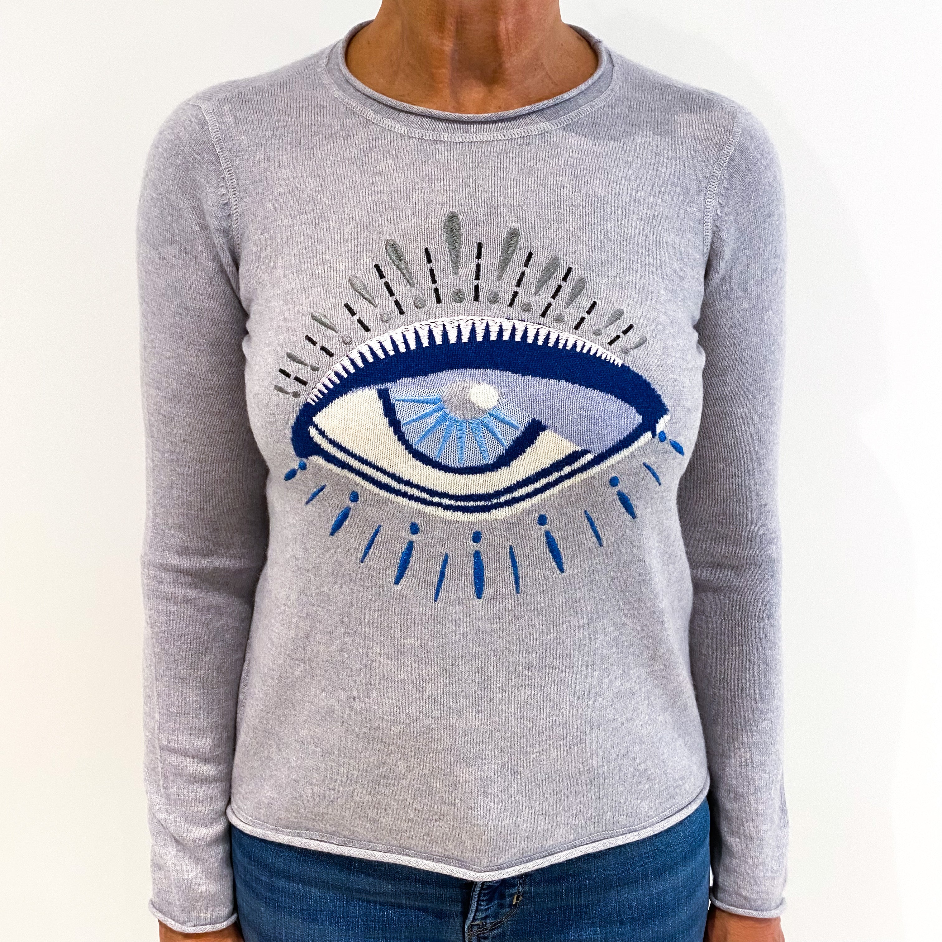 Smoke Grey Embroidered ‘Eye’ Design Cashmere Crew Neck Jumper Medium