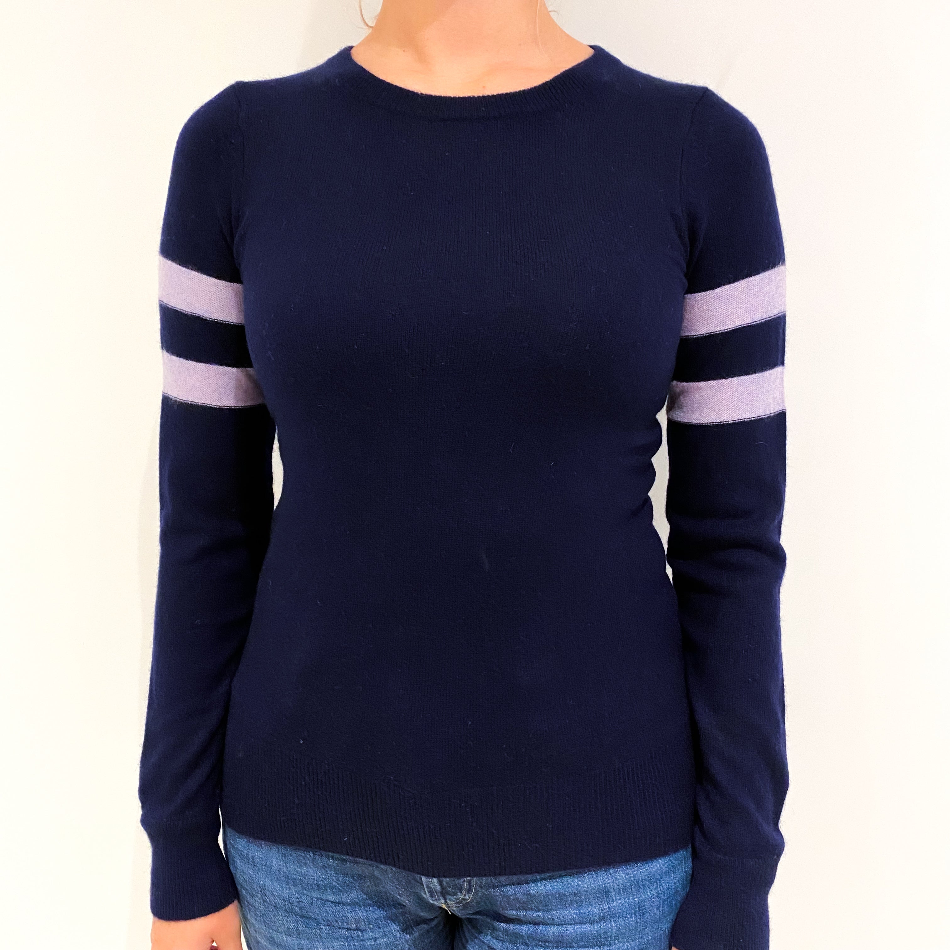 Navy Lilac Stripe Cashmere Crew Neck Jumper Small