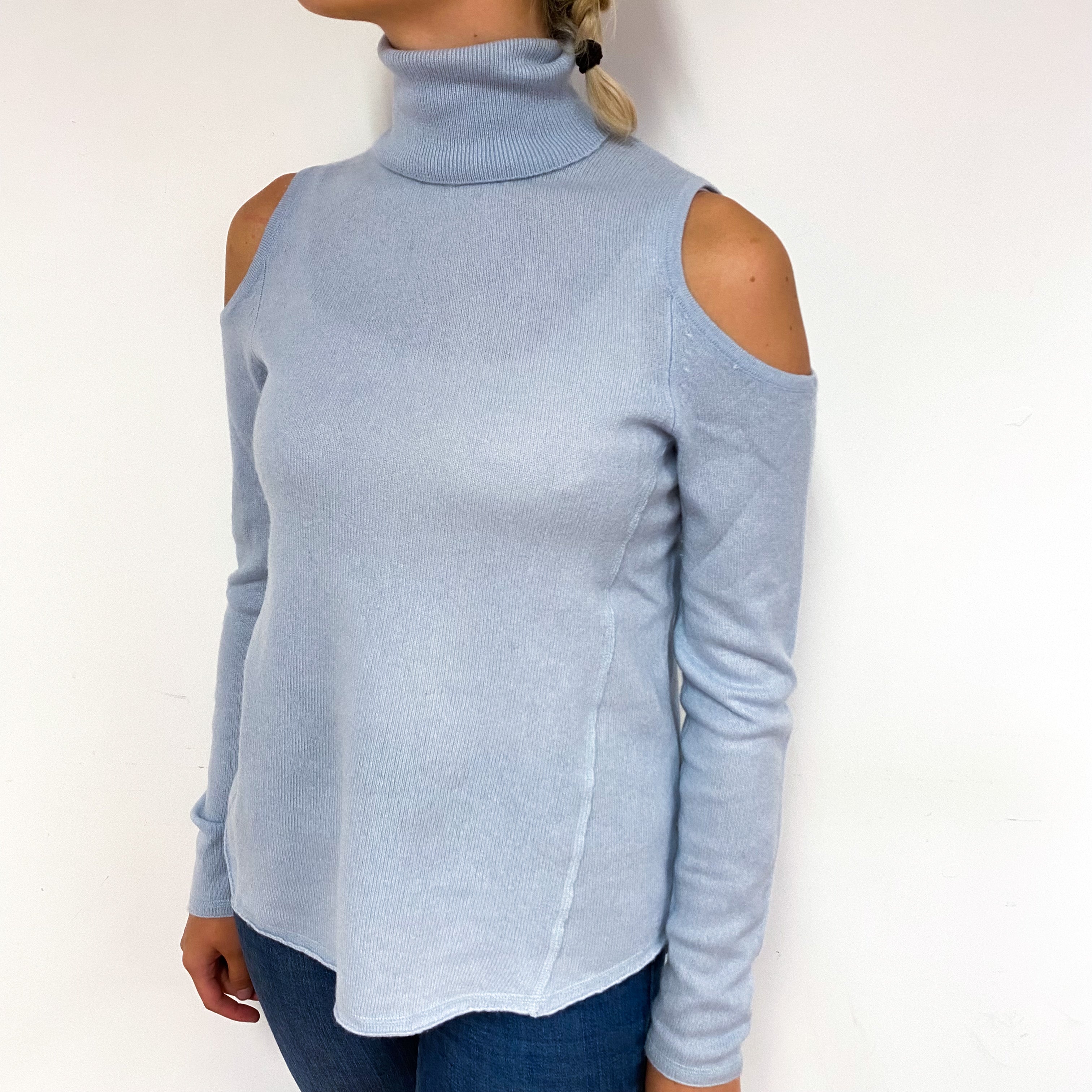 Powder Blue Cold Shoulder Cashmere Polo Neck Jumper Small